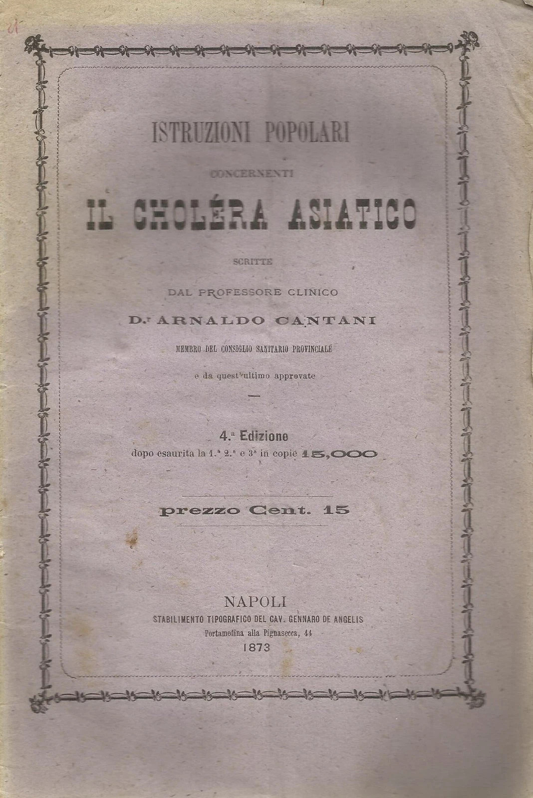 Istruzioni Popolari Sul Colera Asiatico, Arnaldo Cantani, Napoli, 1873