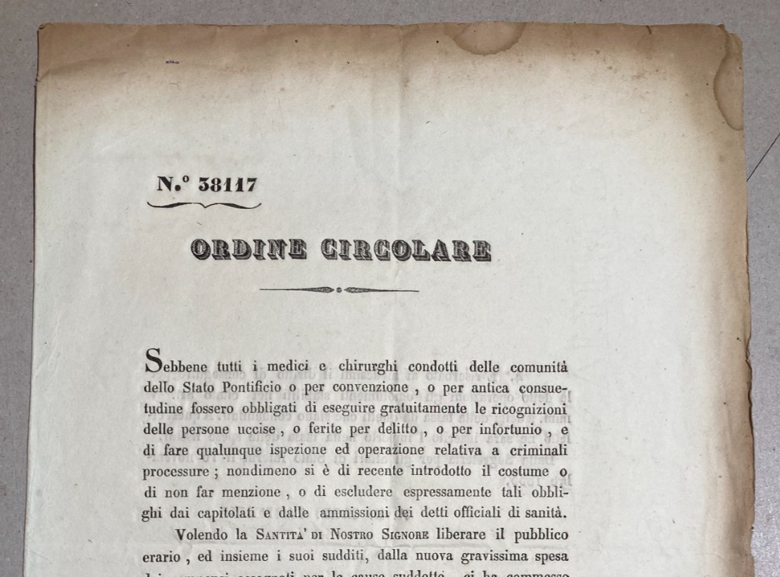 Medicina, Sanità E Regolamentazione Medica Nel 1835: Foglio Volante Del Cardinale Gamberini Su Carta Miliani