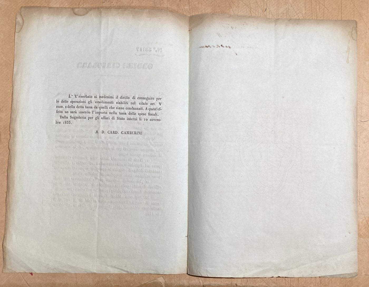 Medicina, Sanità E Regolamentazione Medica Nel 1835: Foglio Volante Del Cardinale Gamberini Su Carta Miliani
