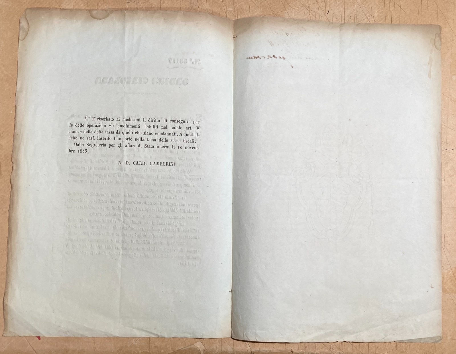 Medicina, Sanità E Regolamentazione Medica Nel 1835: Foglio Volante Del Cardinale Gamberini Su Carta Miliani