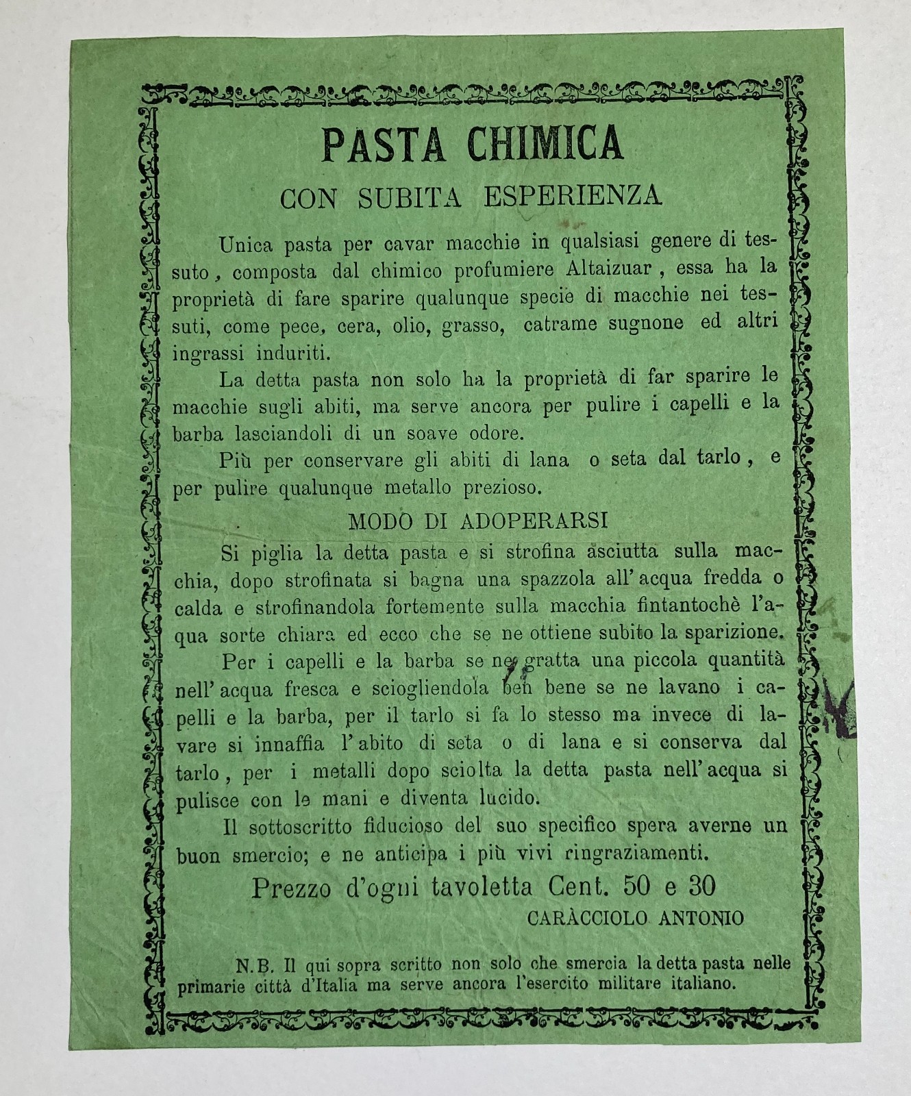 Farmacia, Profumeria, Profumiere Altaizuar. Pasta Chimica Del Farmacista Caracciolo.