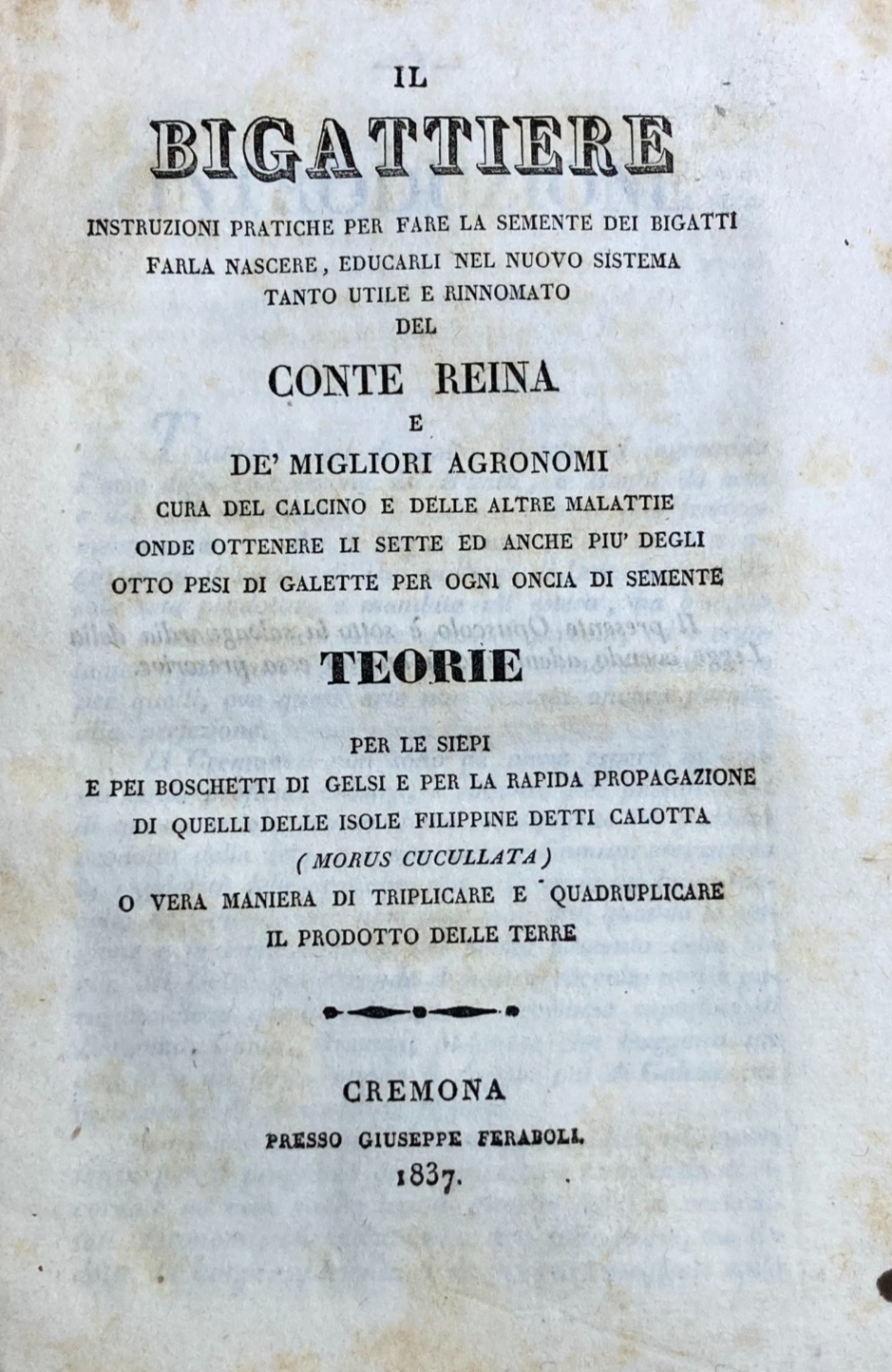 Il Bigattiere: Istruzioni Per L'Allevamento Dei Bachi Da Seta E La Coltivazione Dei Gelsi, Cremona