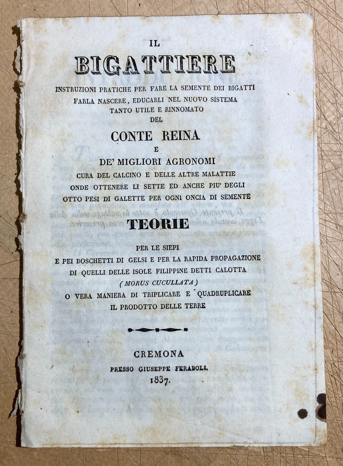 Il Bigattiere: Istruzioni Per L'Allevamento Dei Bachi Da Seta E La Coltivazione Dei Gelsi, Cremona