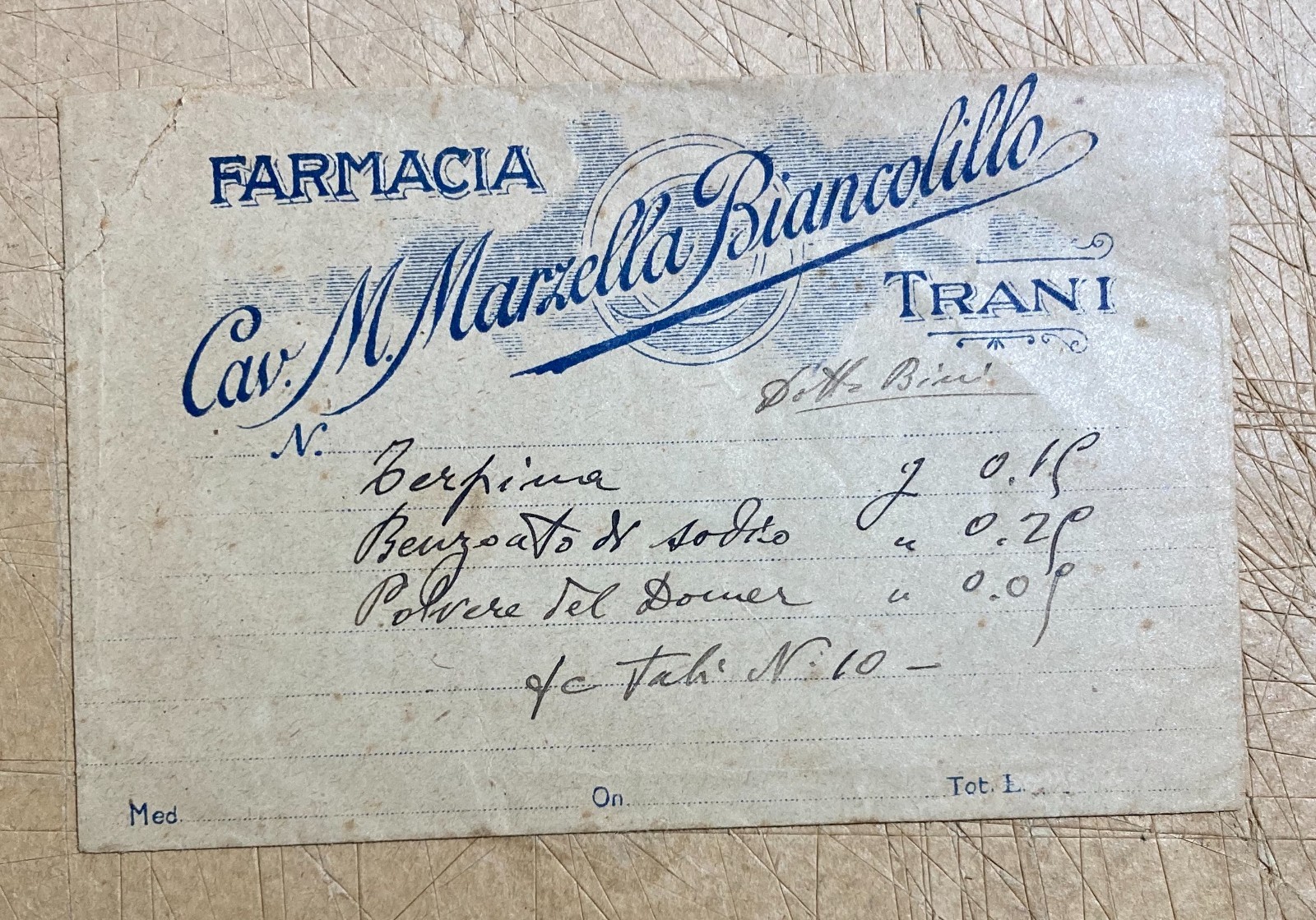 Medicina, Farmacia E Chimica: Antica Busta Pubblicitaria Della Farmacia Marzella Biancolillo A Trani, Puglia