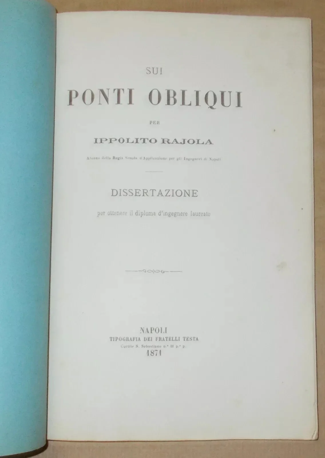 Engineering: Oblique Bridges. Rajola, Naples. Antique Edition with Illustrated Plate