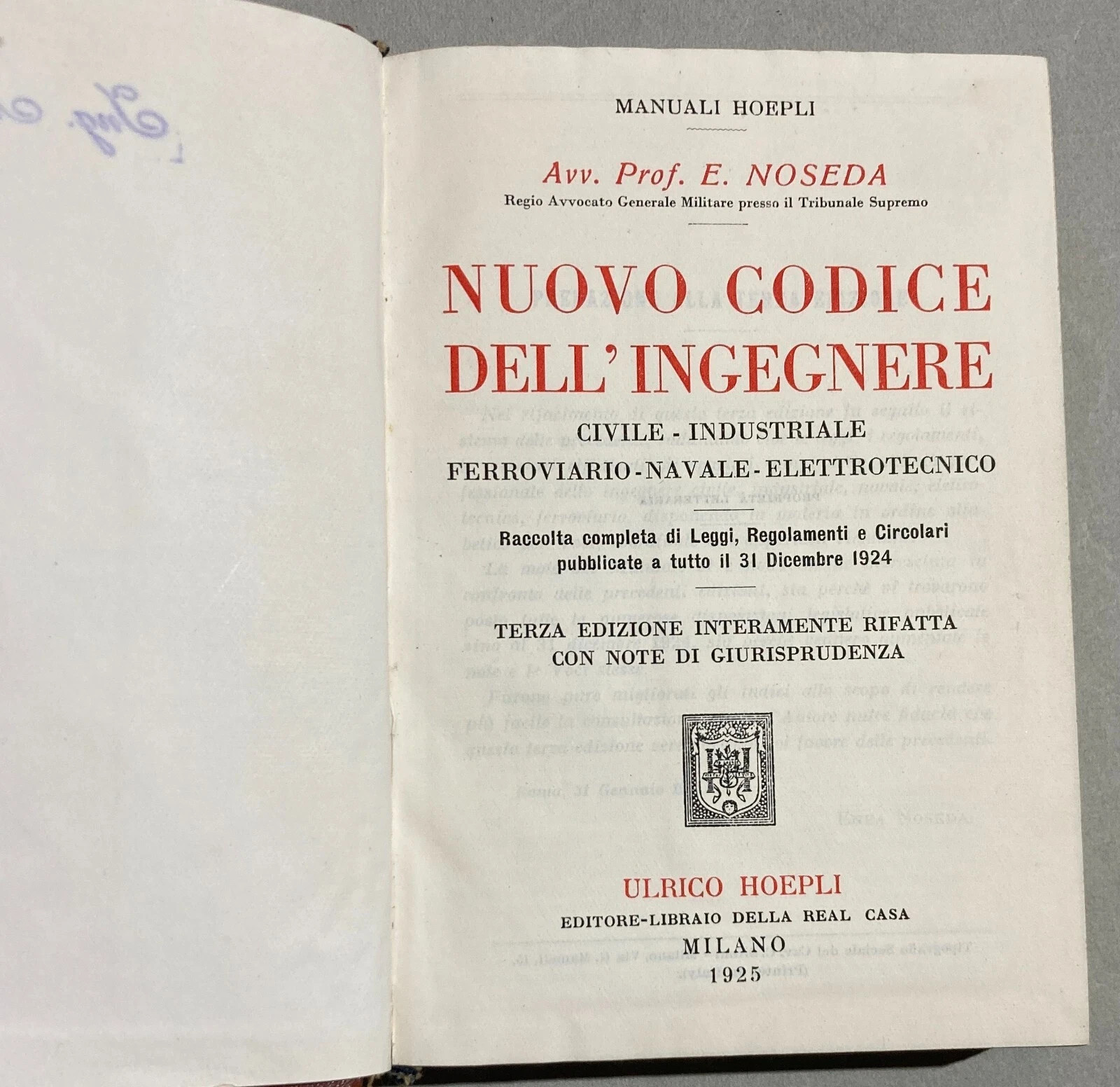 Giuridica, Ingegneria, Idraulica, Navigazione, Bonifiche, Ferrovie, Igiene, Hoepli, 1925