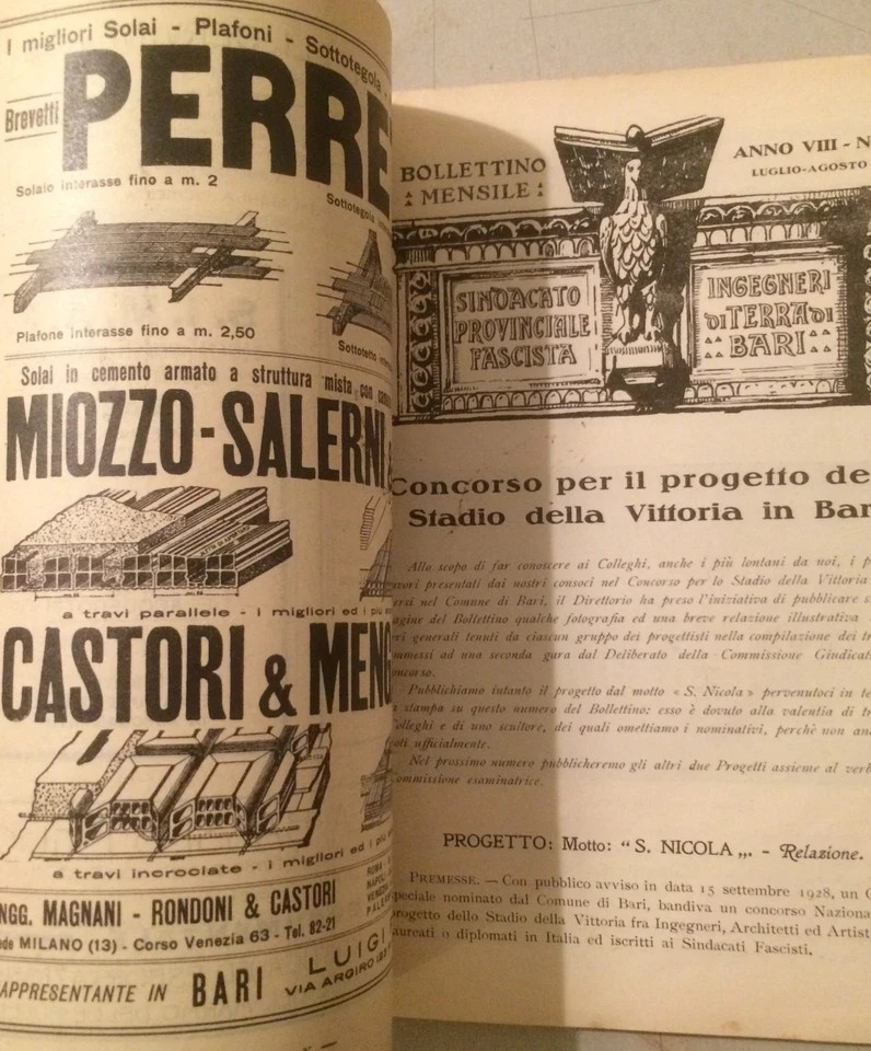 Puglia, Bari: Ingegneria, Stadio Della Vittoria, Concorso E Prezziario In Edilizia, 1929