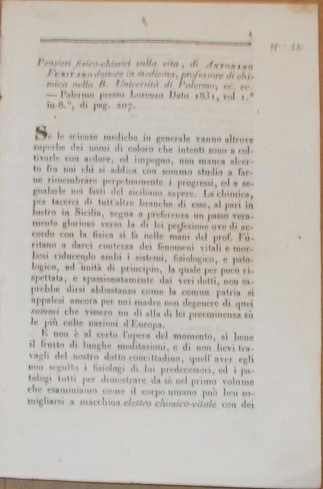 Medicine, Neurology and Physiology: Physico-Chemical Reflections on Life by Antonino Furitano - Sicily, 1831