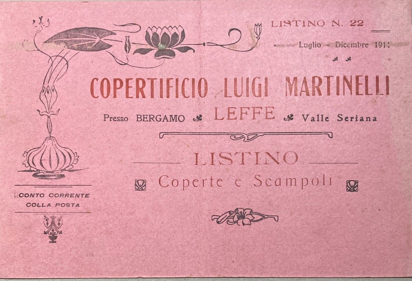 Bergamo Leffe: Copertificio Martinelli, Coperte, Cartoncino Pubblicitario, 1911