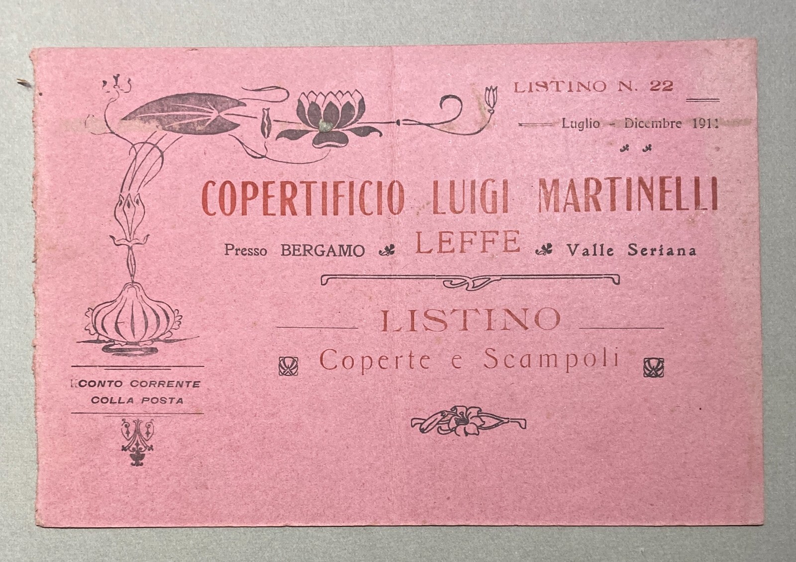 Bergamo Leffe: Copertificio Martinelli, Coperte, Cartoncino Pubblicitario, 1911