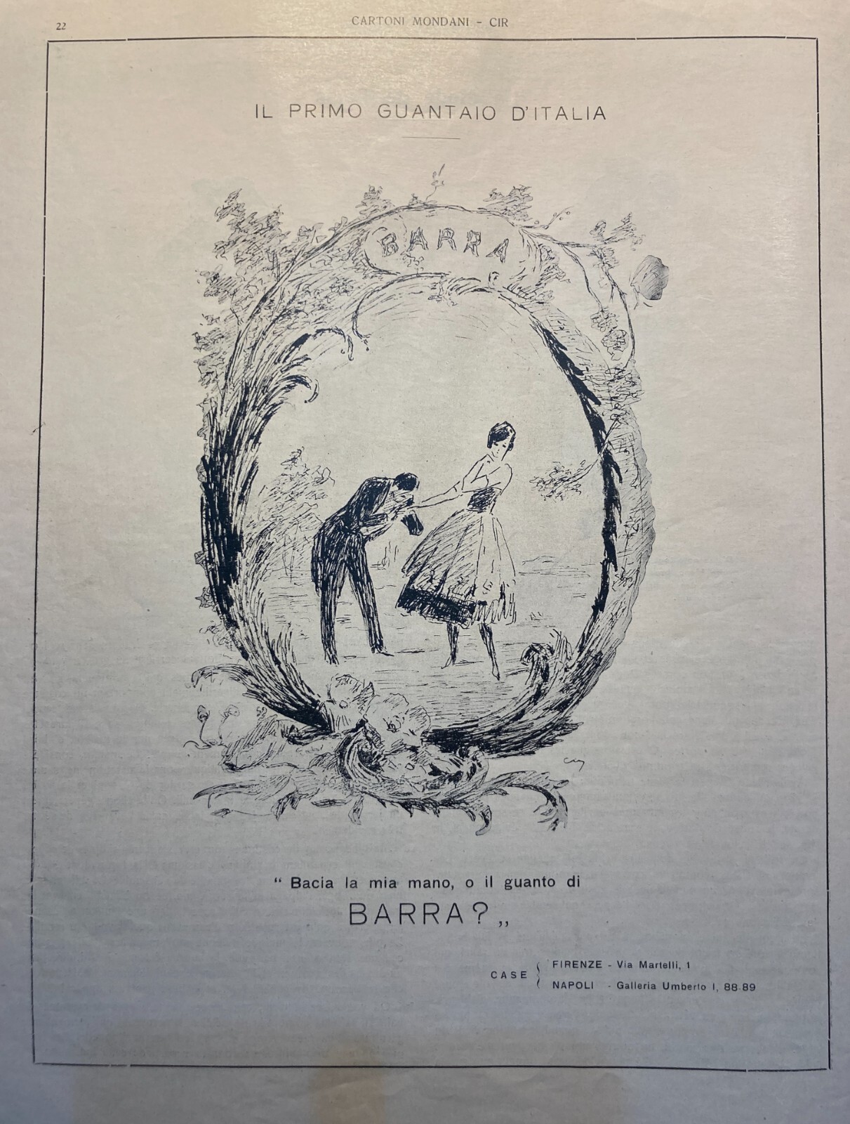 Napoli, Moda Antica Pubblicitaria: Guanti E Guantaio Barra. Illustrazione d'Epoca