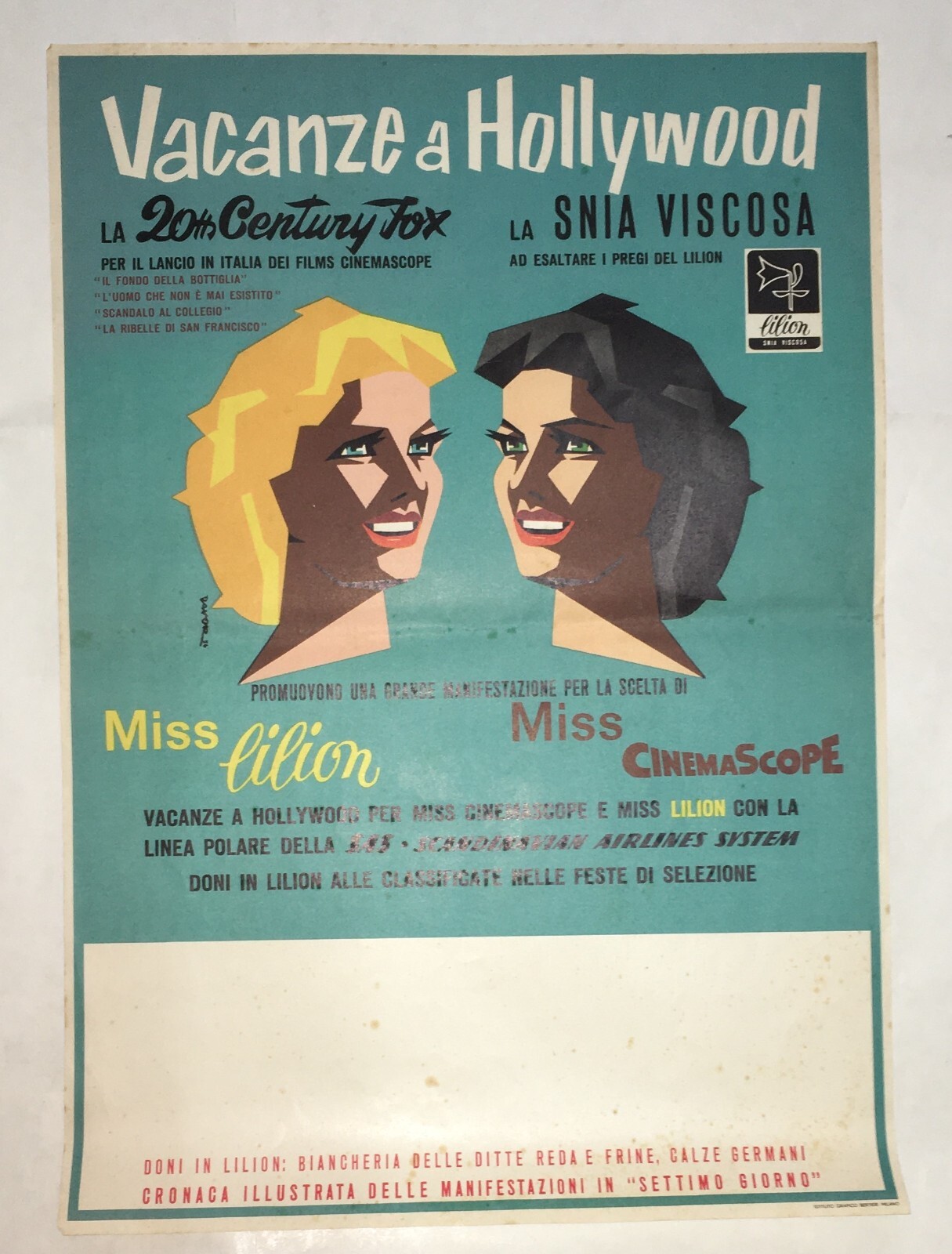 Cinema, Vacanze A Hollywood: Cinemascope, Snia Viscosa, Lilion. Locandina Pubblicitaria.