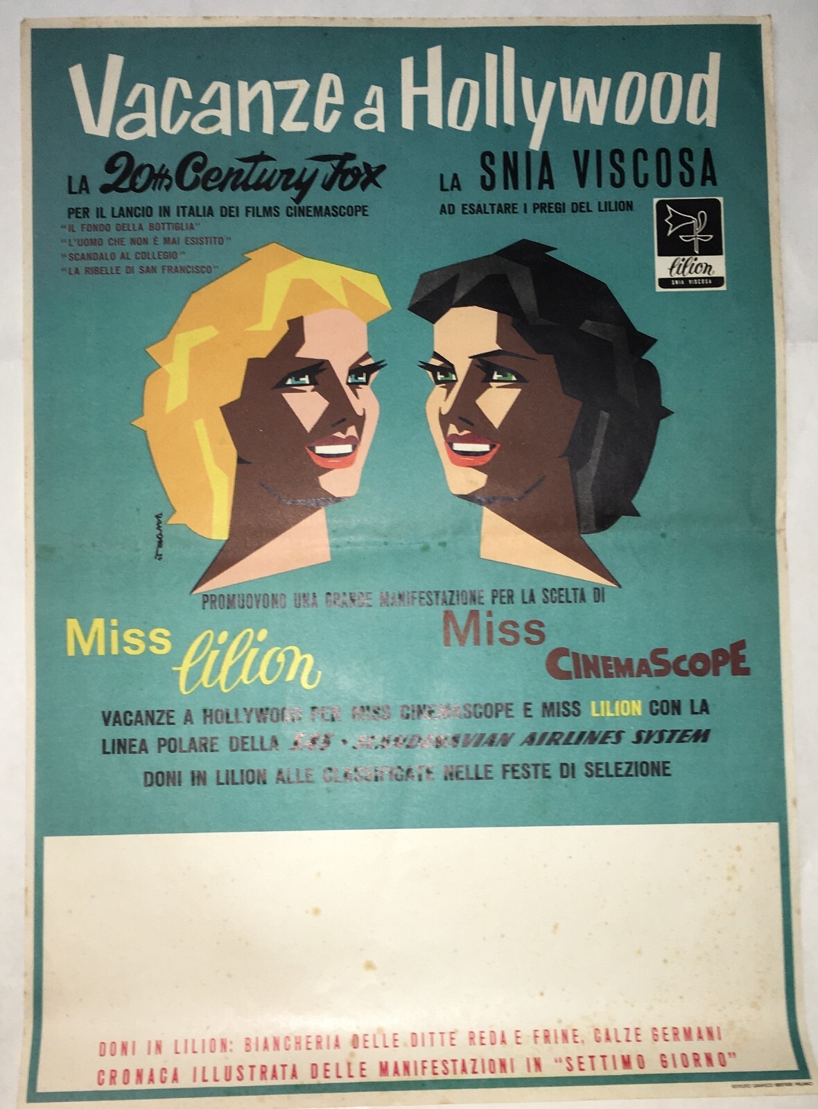 Cinema, Vacanze A Hollywood: Cinemascope, Snia Viscosa, Lilion. Locandina Pubblicitaria.