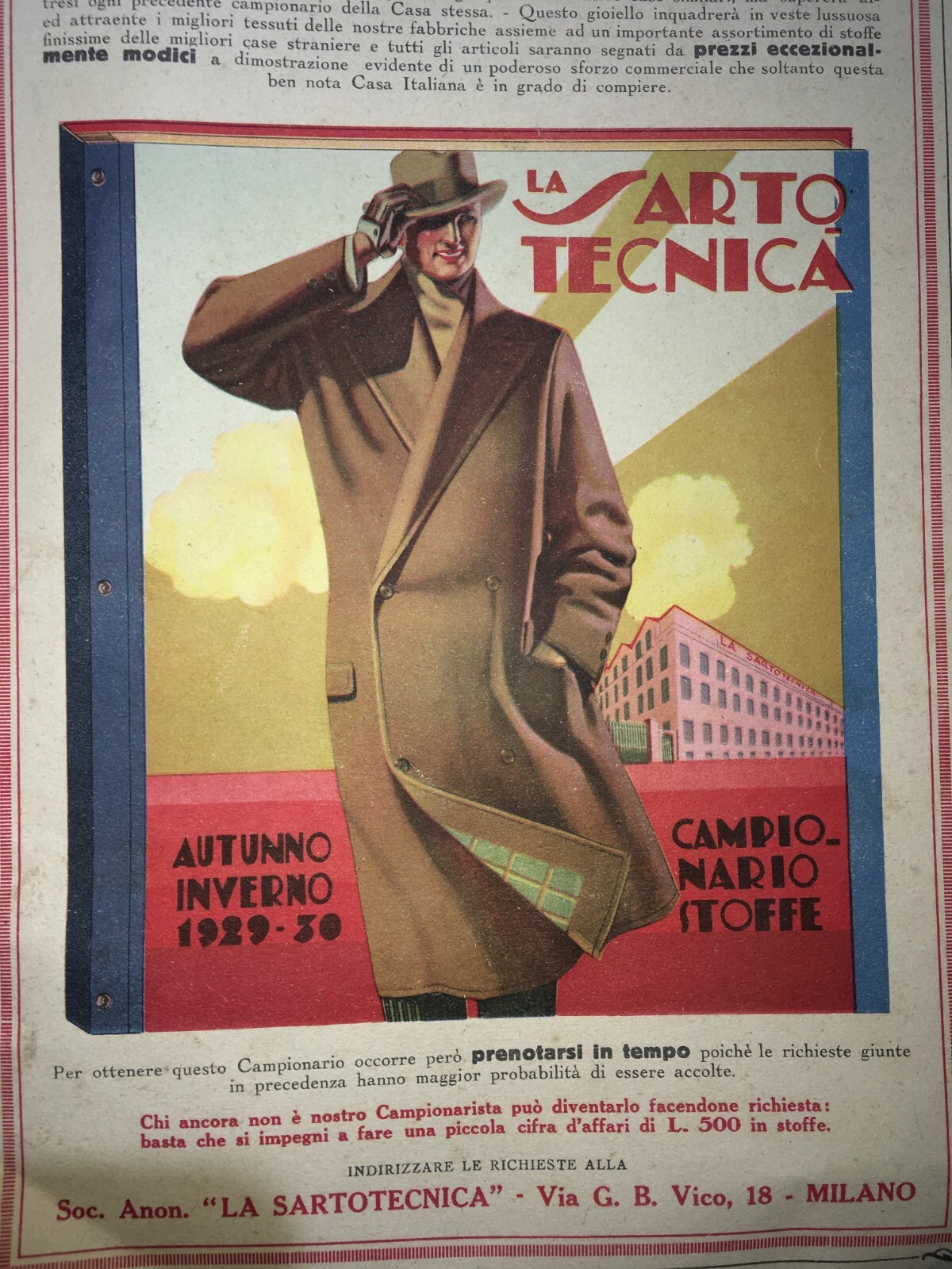 Moda   Abbigliamento Maschile   Milano   La Sartotecnica   Antica Pubblicità   1929