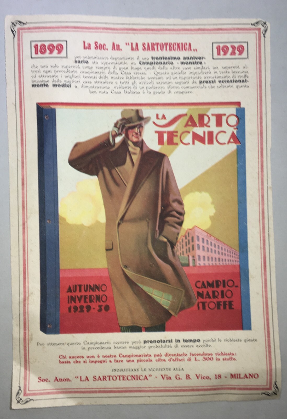 Moda   Abbigliamento Maschile   Milano   La Sartotecnica   Antica Pubblicità   1929