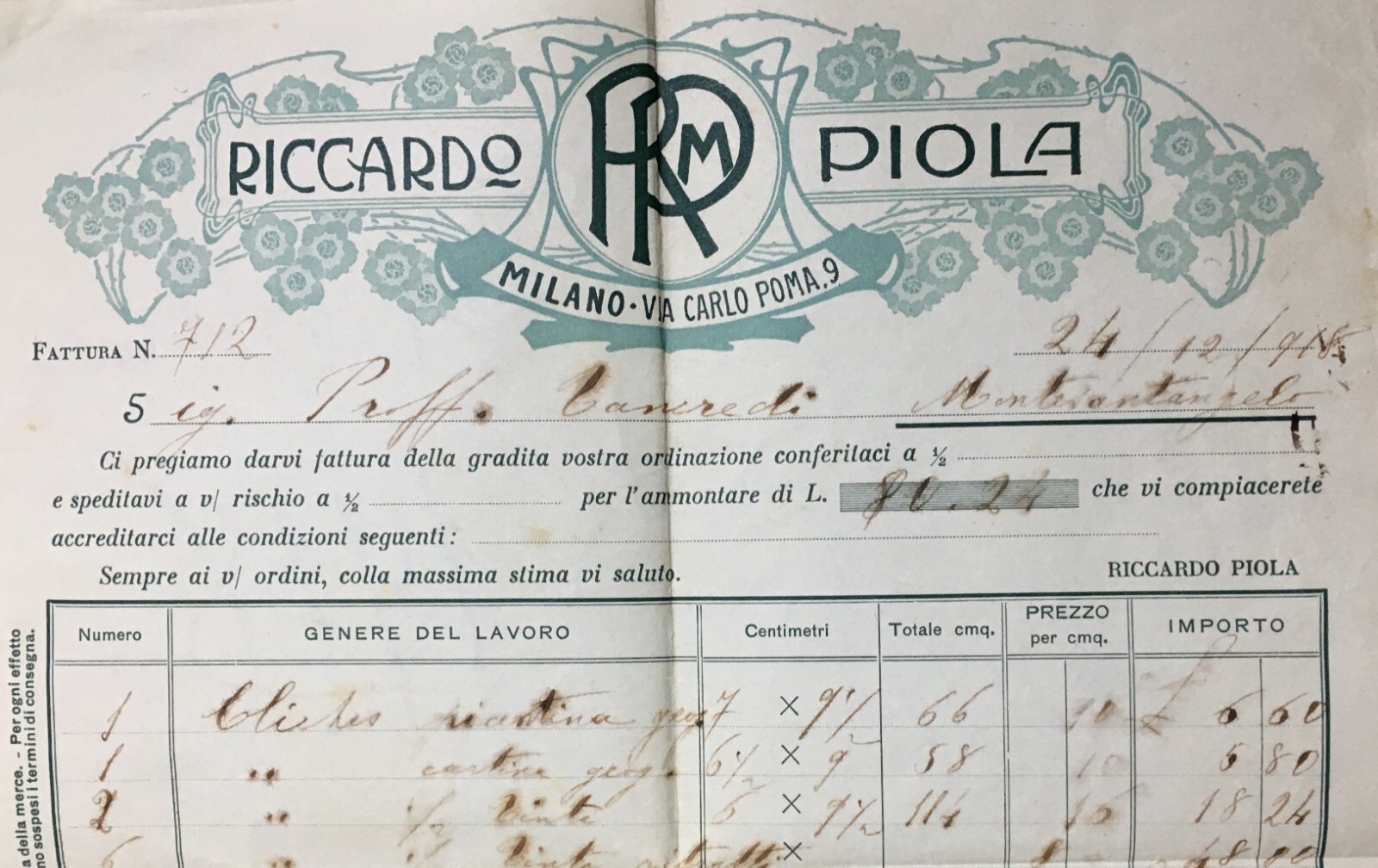 Tipografia, Stamperia E Cliché: Riccardo Piola, Milano. Pubblicitaria Per Giovanni Tancredi, Puglia
