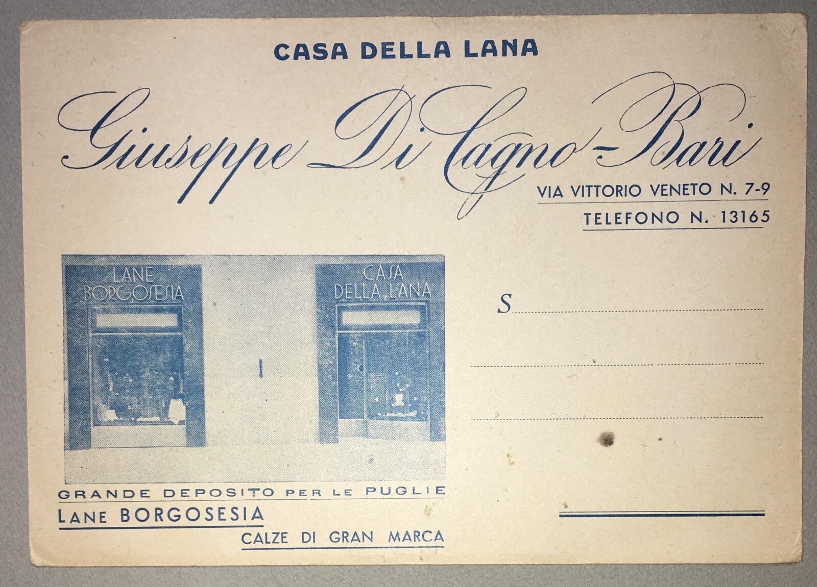 Puglia, Bari: Abbigliamento, Lana Borgosesia, Ditta Di Cagno   Cartolina Pubblicitaria