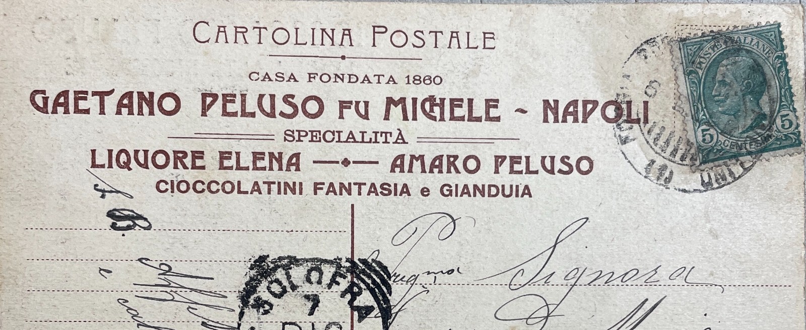 Dolciaria Peluso: Cioccolata, Liquori, Amaro. Napoli, Antica Cartolina Pubblicitaria
