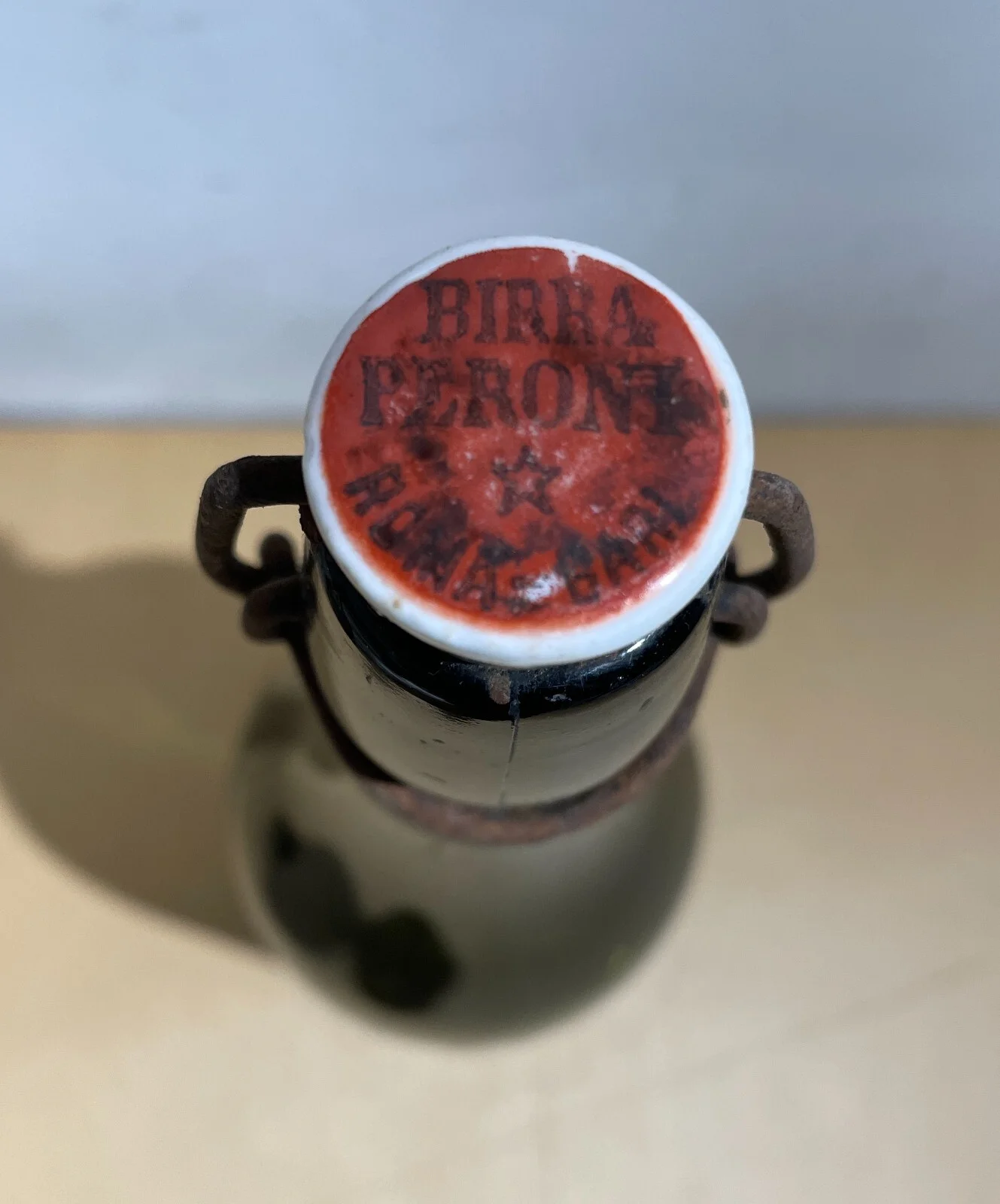 Peroni Beer Advertising Bottle, Green Glass with Porcelain Stopper, Rome Bari