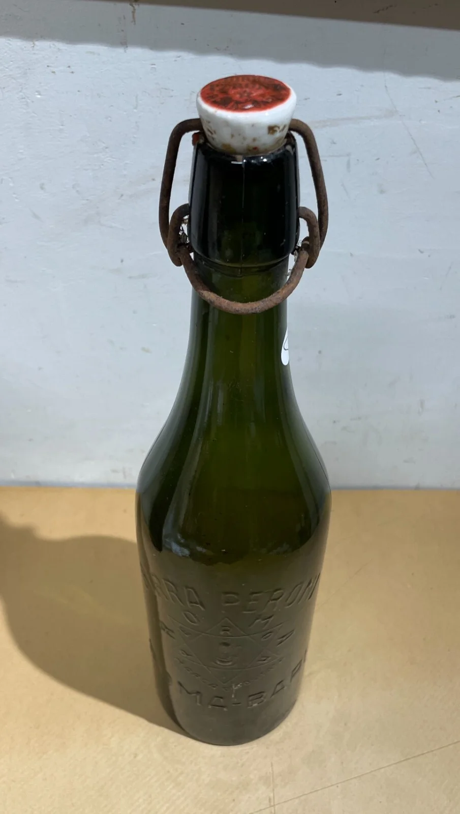 Peroni Beer Advertising Bottle, Green Glass with Porcelain Stopper, Rome Bari