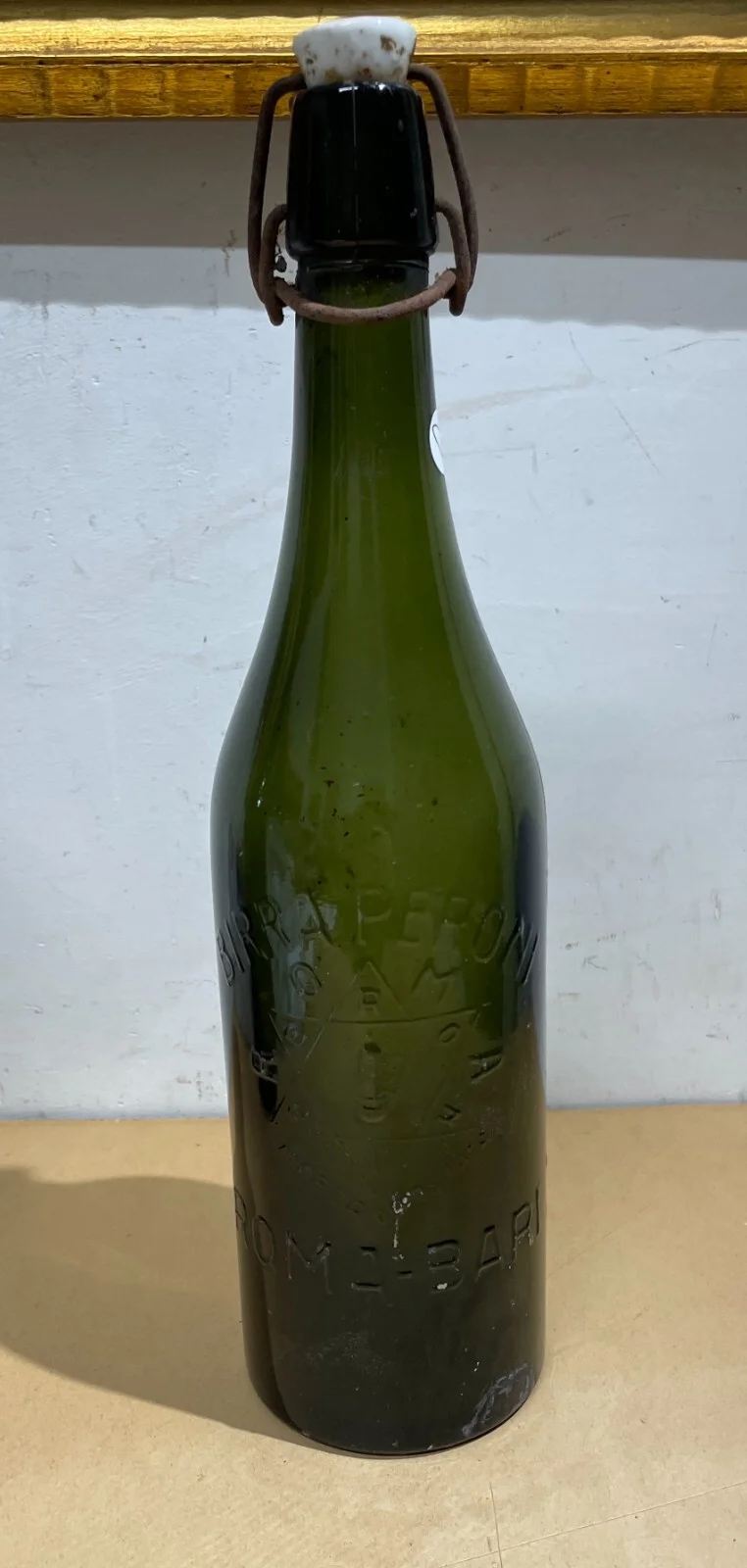 Peroni Beer Advertising Bottle, Green Glass with Porcelain Stopper, Rome Bari