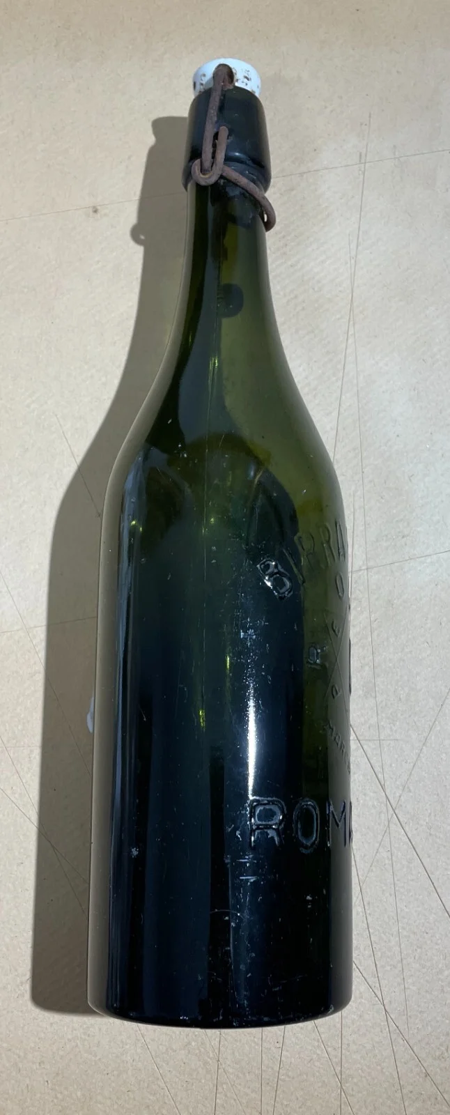 Peroni Beer Advertising Bottle, Green Glass with Porcelain Stopper, Rome Bari