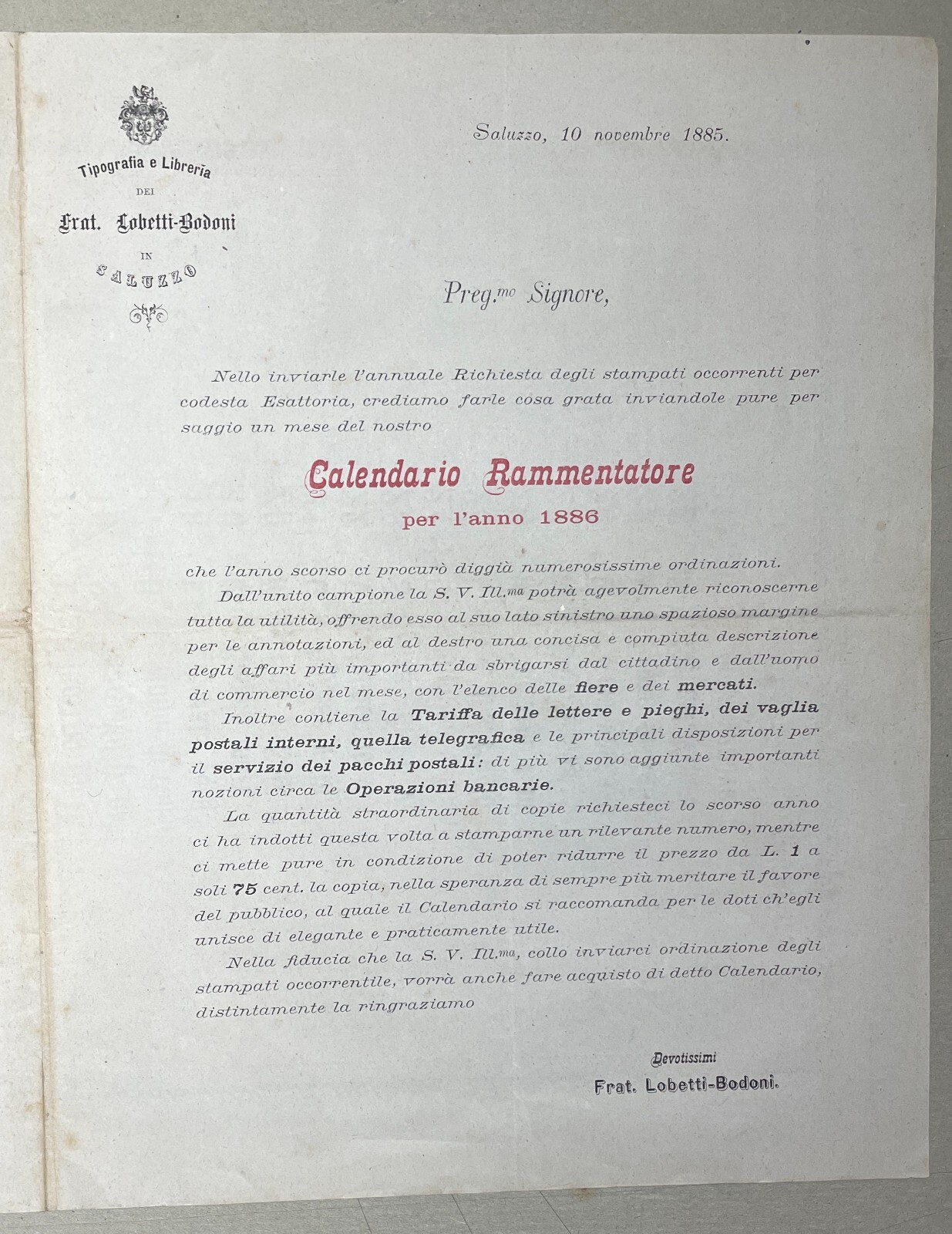 Piemonte, Cuneo, Saluzzo: Pubblicitaria Antica Tipografica, Lobetti Bodoni, 1885