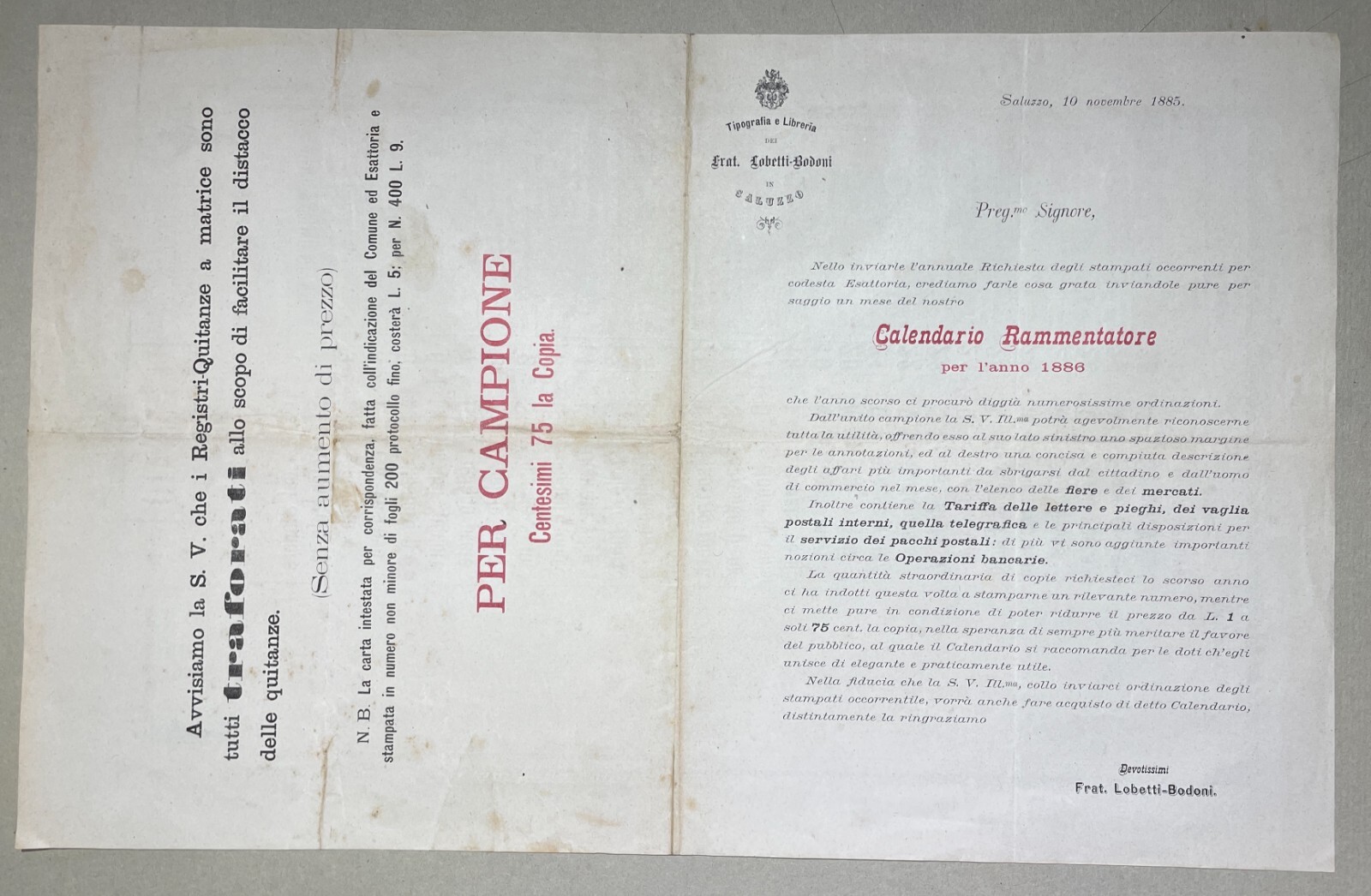 Piemonte, Cuneo, Saluzzo: Pubblicitaria Antica Tipografica, Lobetti Bodoni, 1885
