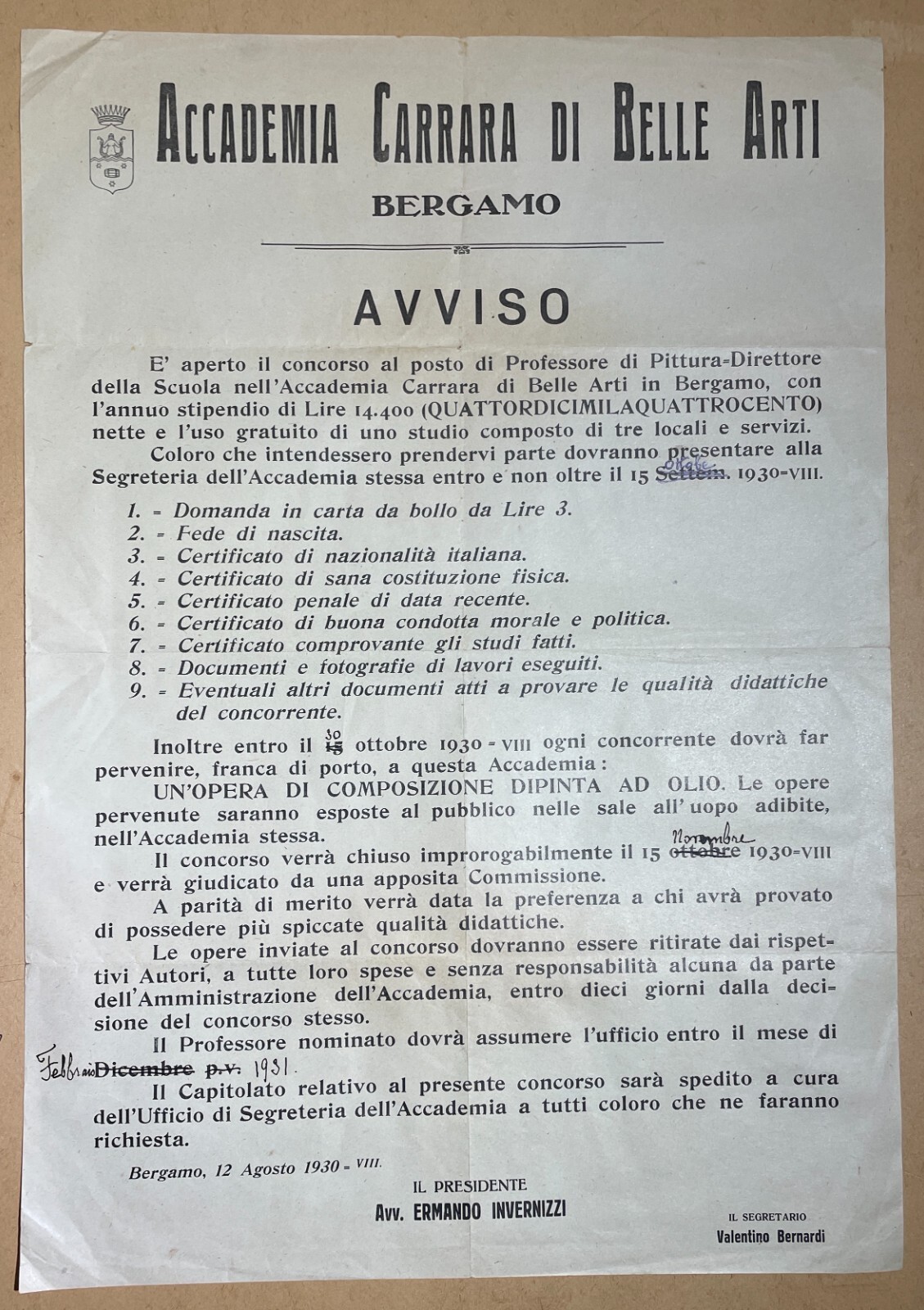 Arte. Bergamo, Accademia Carrara: Manifesto Pubblicitario Per Concorso Docente, 1930
