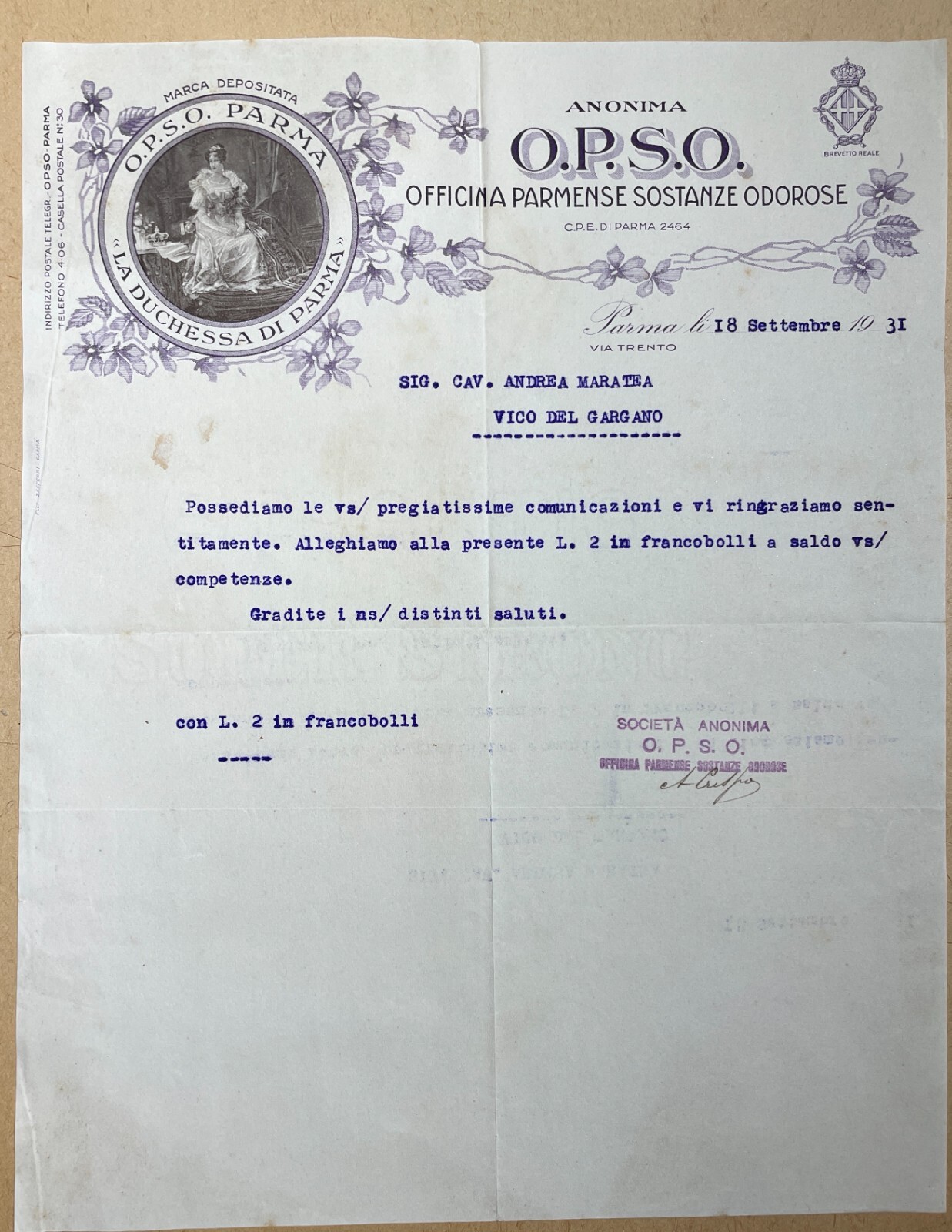 Parma   Profumi   Essenze Odorose   O.P.S.O.   Antica Pubblicitaria   Carta Intestata   Duchessa