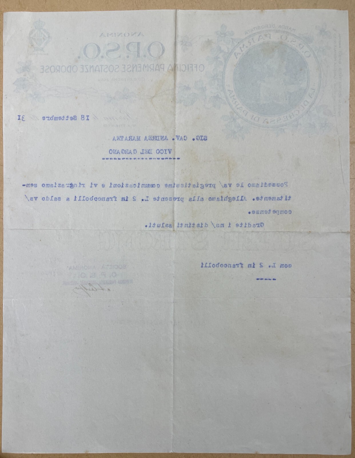 Parma   Profumi   Essenze Odorose   O.P.S.O.   Antica Pubblicitaria   Carta Intestata   Duchessa