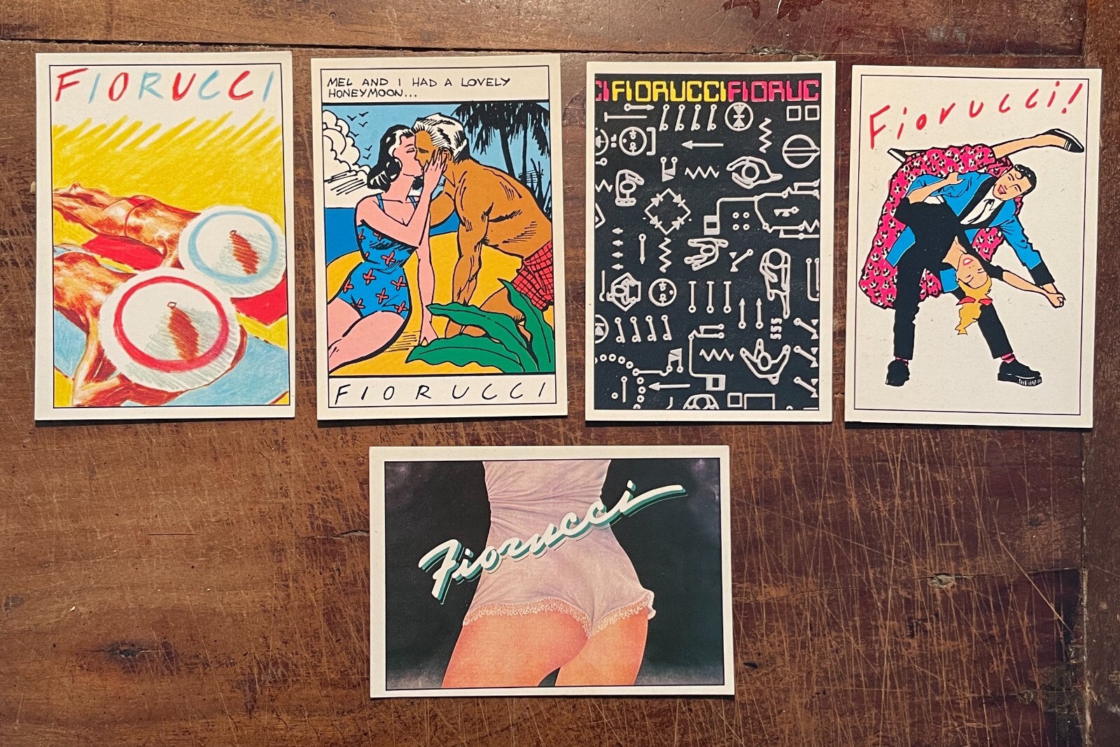 Fiorucci Stickers: Dance, Electron, Romance, Swim, Story. Cinque Figurine Panini, Modena