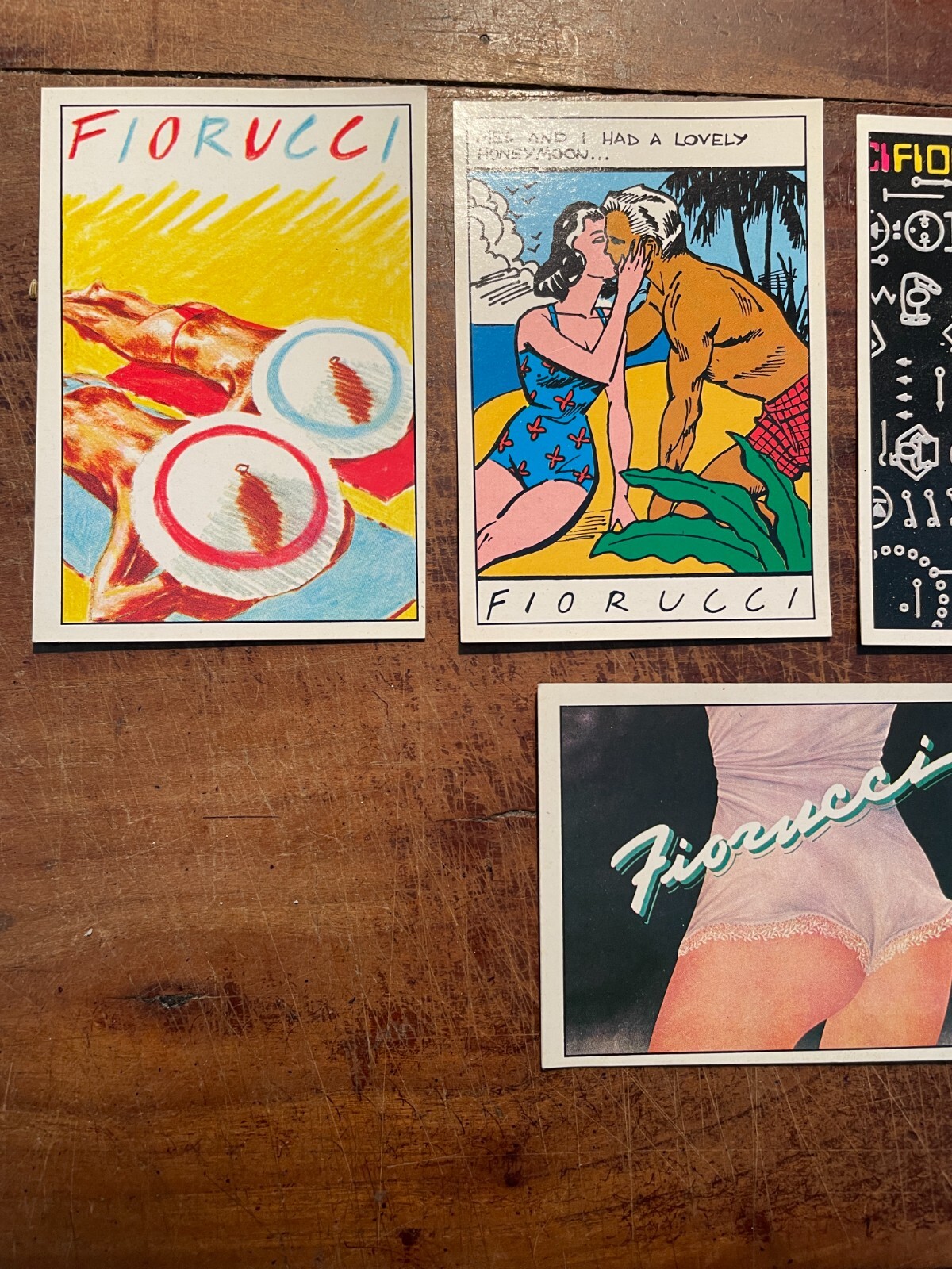 Fiorucci Stickers: Dance, Electron, Romance, Swim, Story. Cinque Figurine Panini, Modena