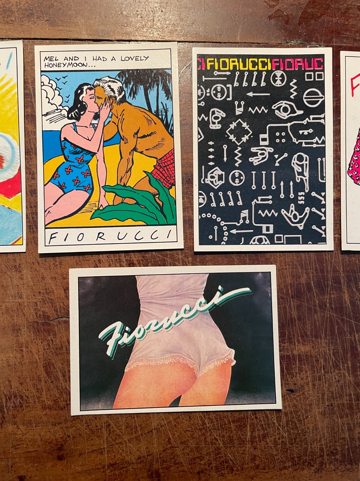 Fiorucci Stickers: Dance, Electron, Romance, Swim, Story. Cinque Figurine Panini, Modena
