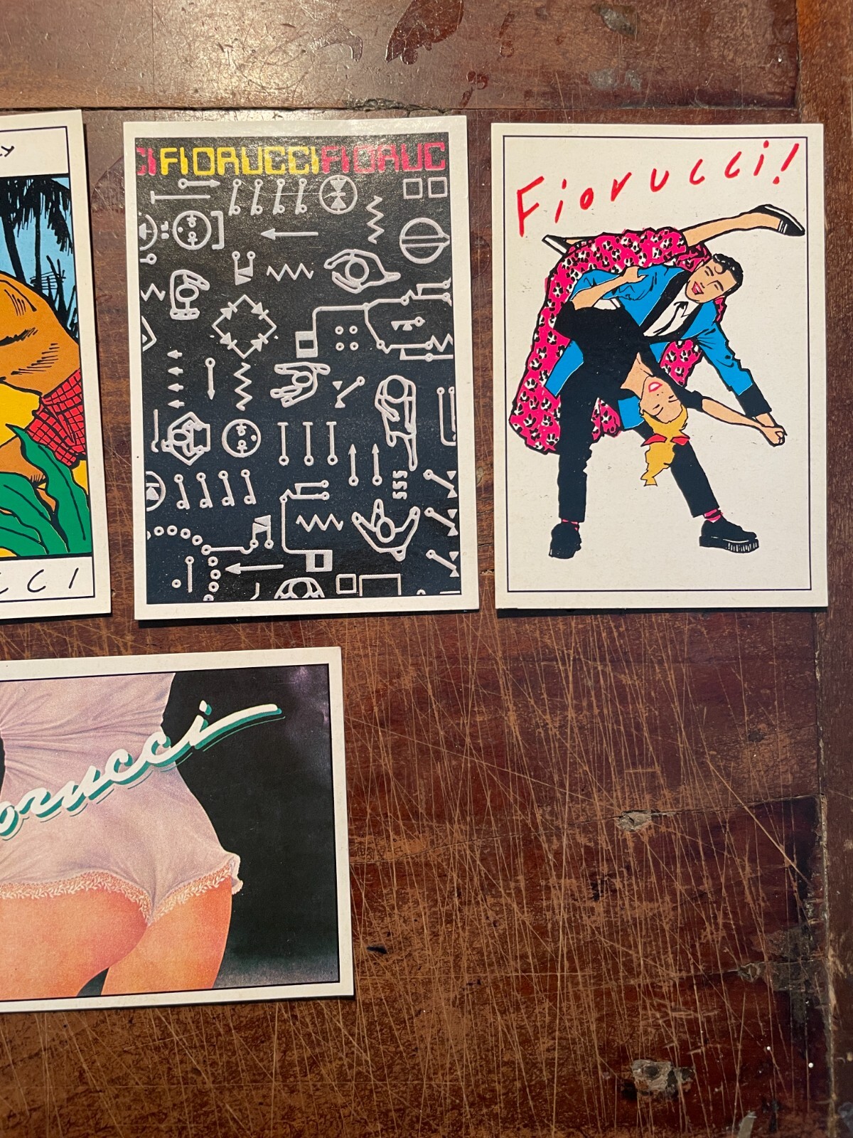 Fiorucci Stickers: Dance, Electron, Romance, Swim, Story. Cinque Figurine Panini, Modena