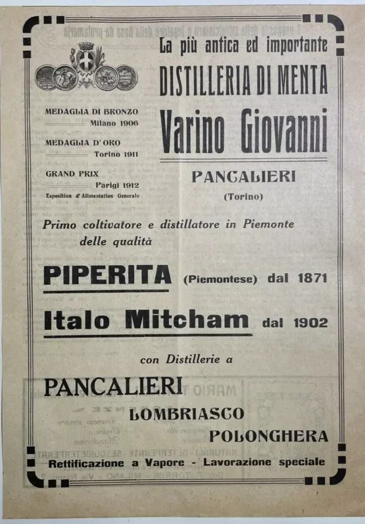Piemonte, Pancalieri: Distilleria Di Menta Varino Antico Ritaglio Pubblicitario