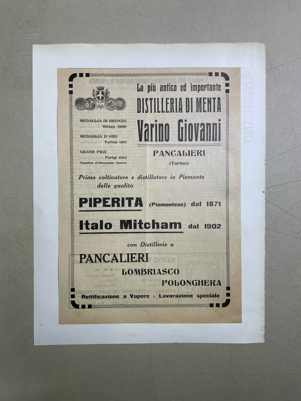 Piemonte, Pancalieri: Distilleria Di Menta Varino Antico Ritaglio Pubblicitario