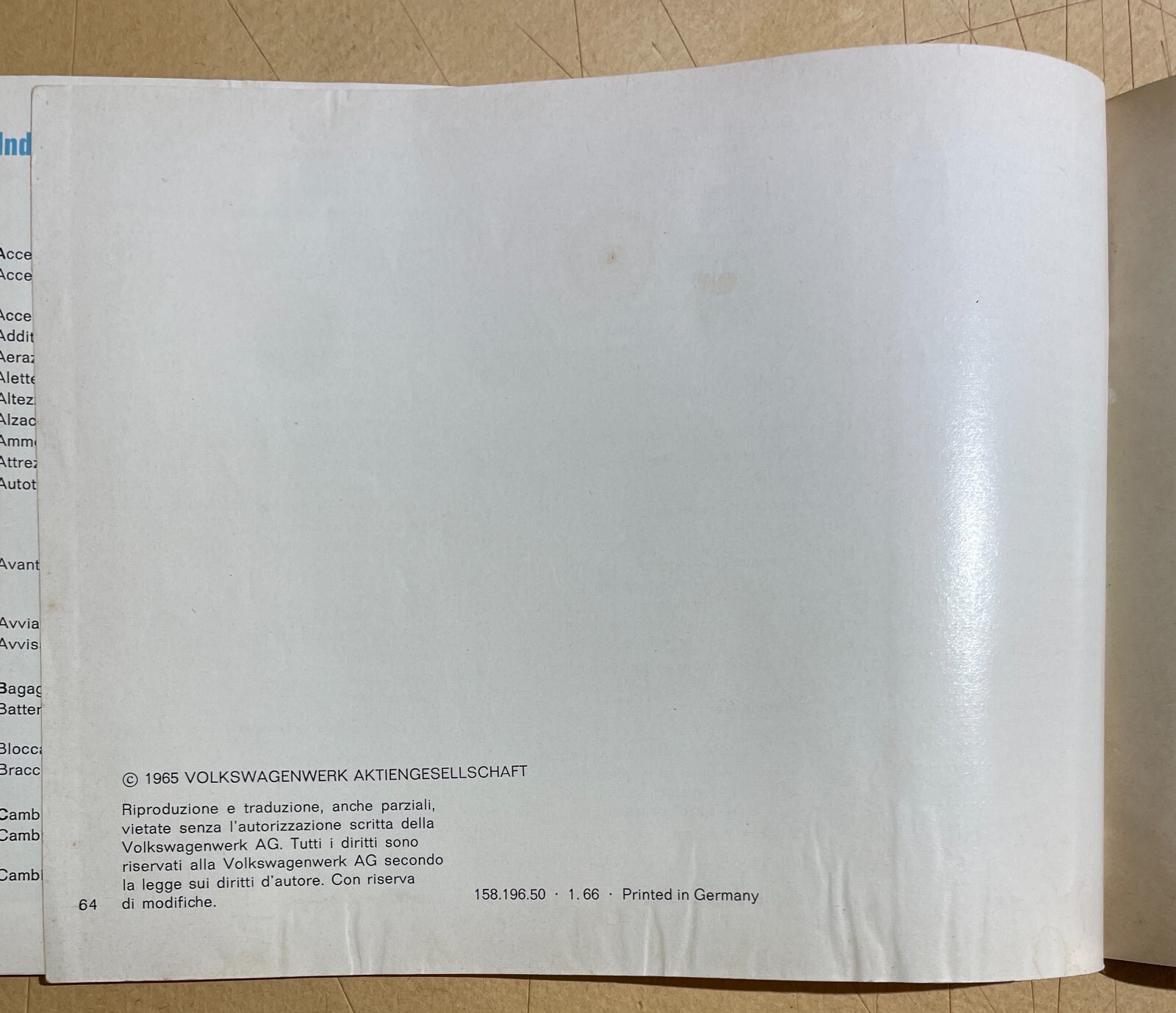 Libretto Uso E Manutenzione Volkswagen 1600, 1965