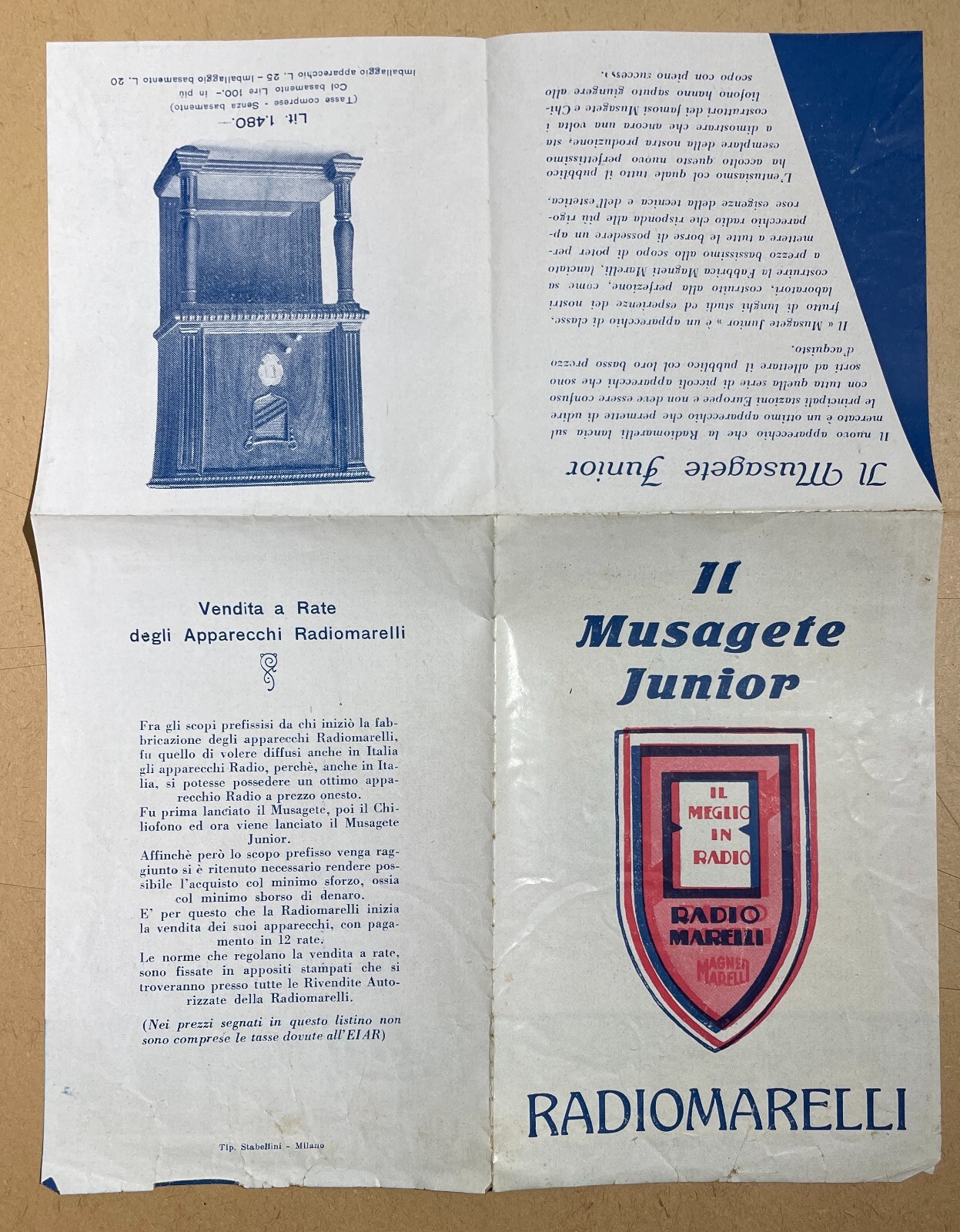 Musica, Radiofonia, Radiomarelli Musagete Junior, Pubblicità d'Epoca, Depliant
