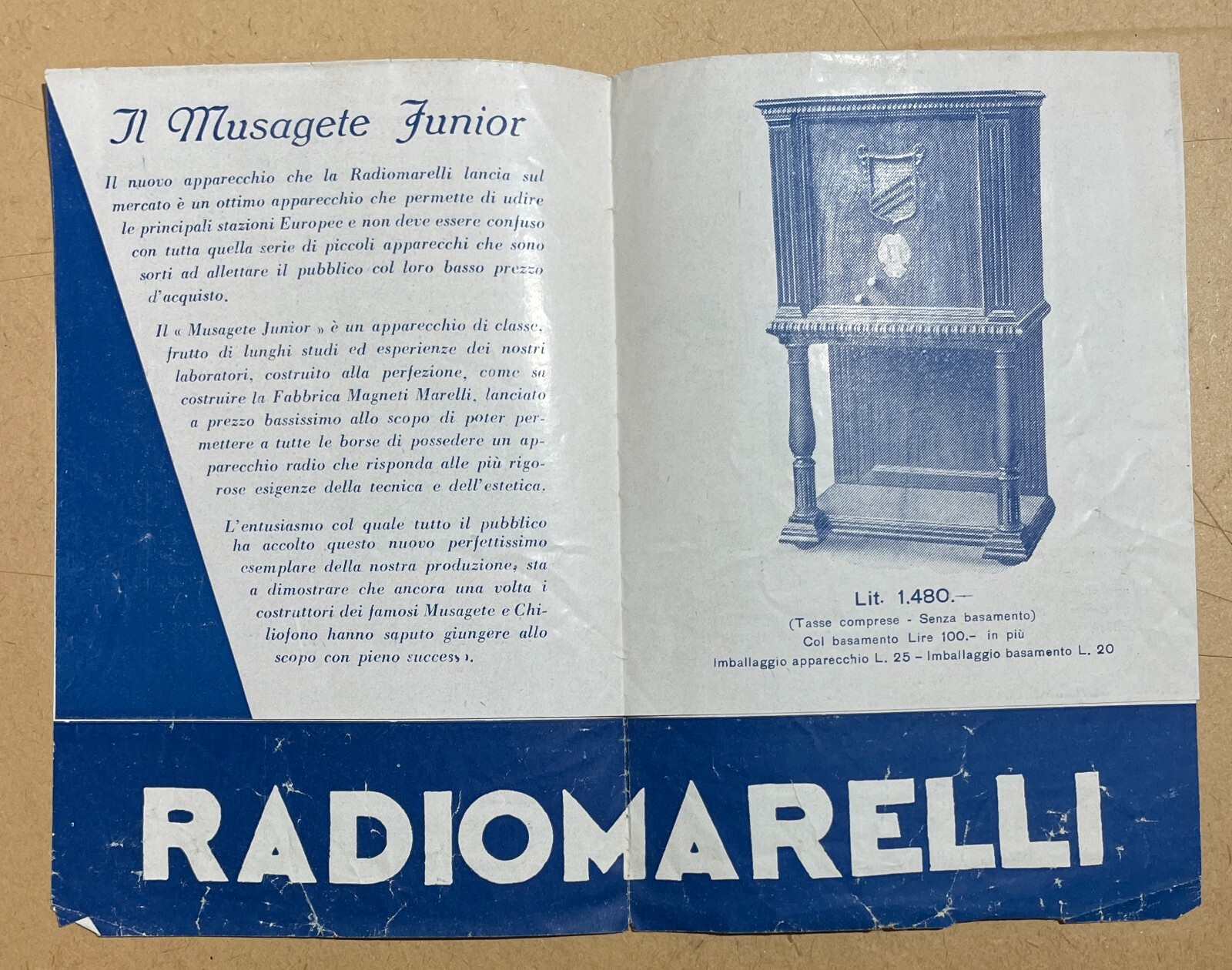 Musica, Radiofonia, Radiomarelli Musagete Junior, Pubblicità d'Epoca, Depliant