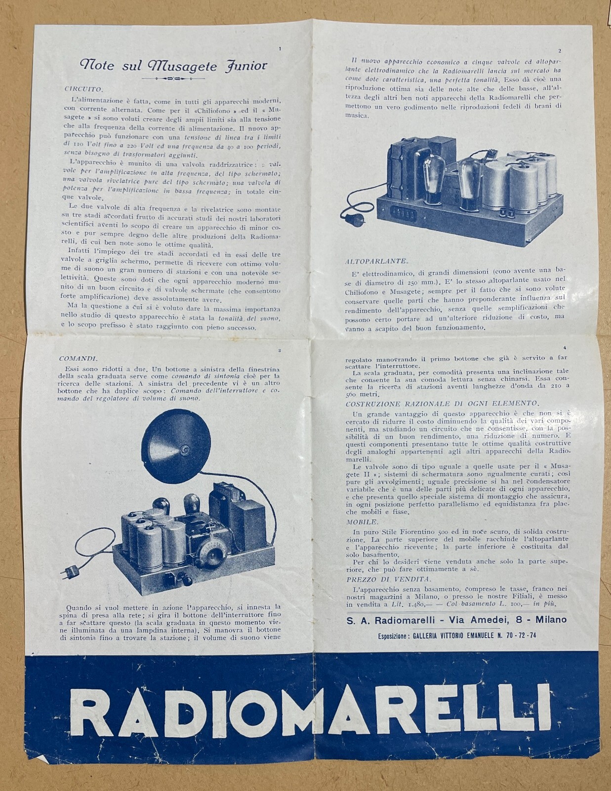 Musica, Radiofonia, Radiomarelli Musagete Junior, Pubblicità d'Epoca, Depliant