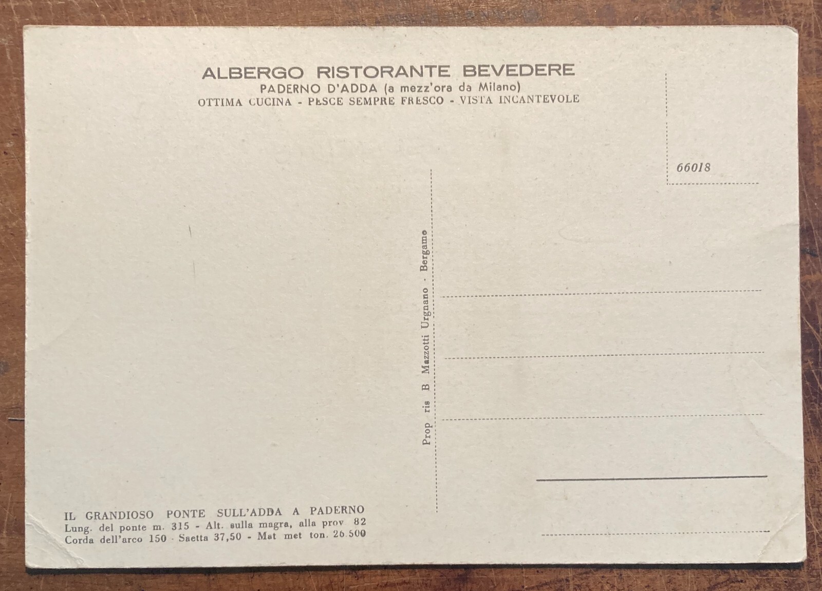 Paderno d'Adda: Cartolina Pubblicitaria Dell'Albergo Belvedere Con Veduta Del Ponte Sull'Adda
