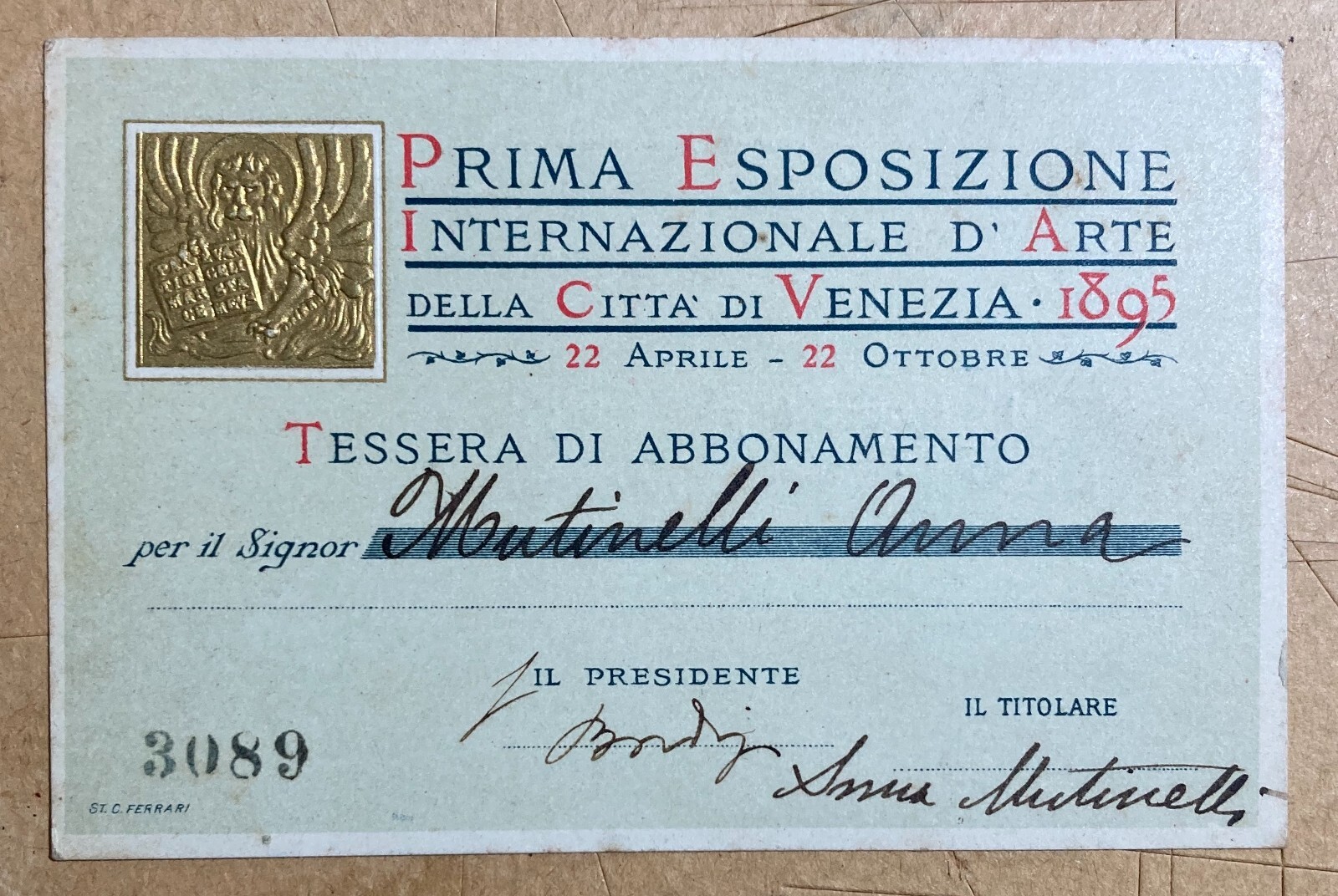 1895 Prima Esposizione Internazionale d'Arte Di Venezia: Tessera Di Abbonamento Anna Mutinelli