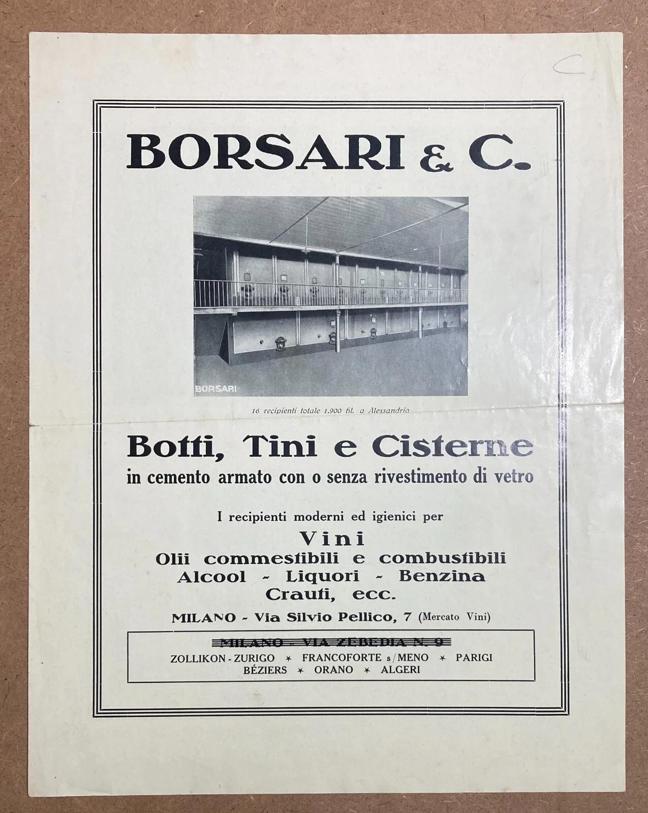 Borsari & C. Milan: Reinforced Concrete Barrels and Tanks, Advertising Leaflet