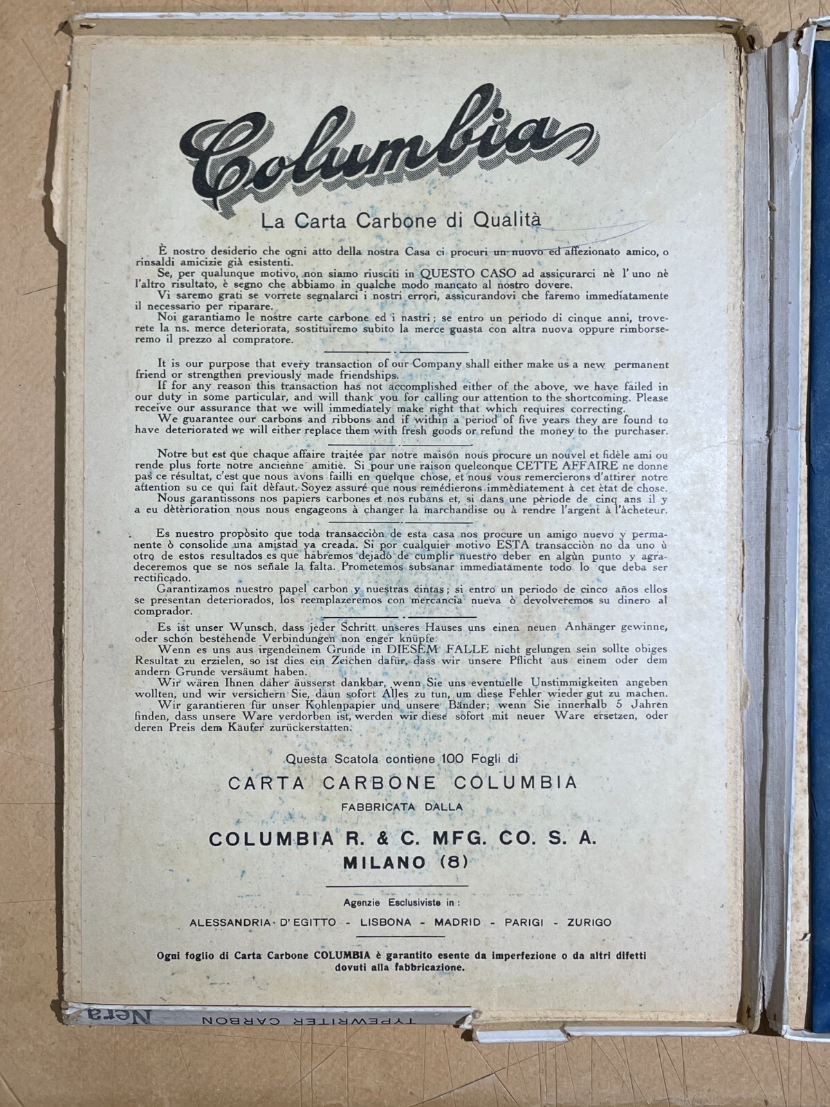 Pubblicitaria Da Collezione Columbia, Milano: Carta Carbone E Scrittura In Cartone