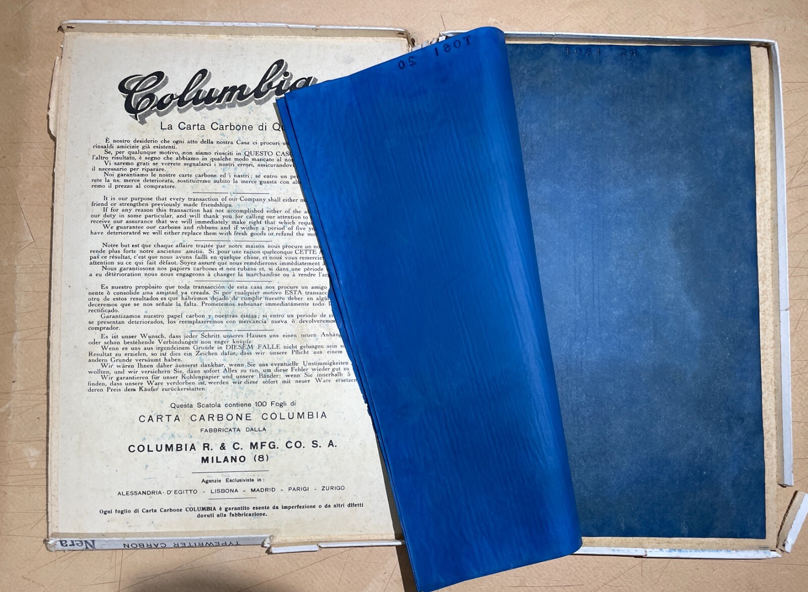 Pubblicitaria Da Collezione Columbia, Milano: Carta Carbone E Scrittura In Cartone