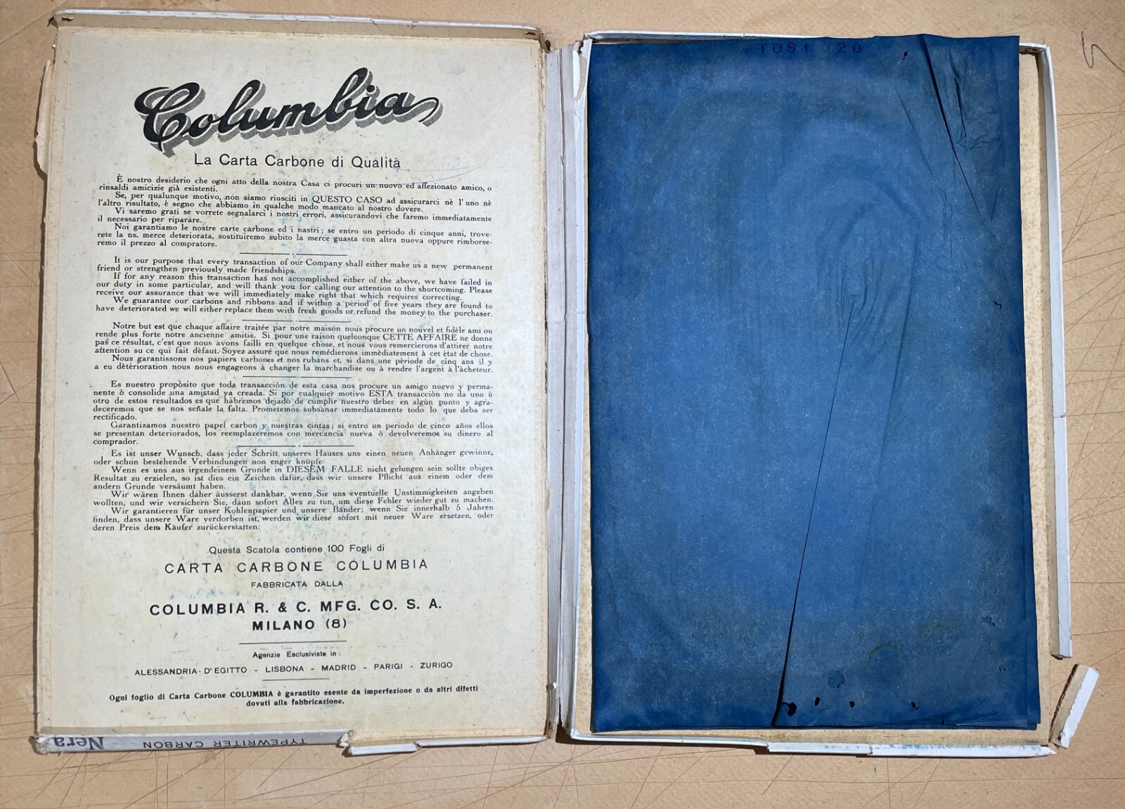 Pubblicitaria Da Collezione Columbia, Milano: Carta Carbone E Scrittura In Cartone