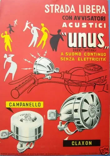 Cicli, Biciclette, Campanello, Claxon, Avvisatori Unus, Rara Locandina Pubblicitaria