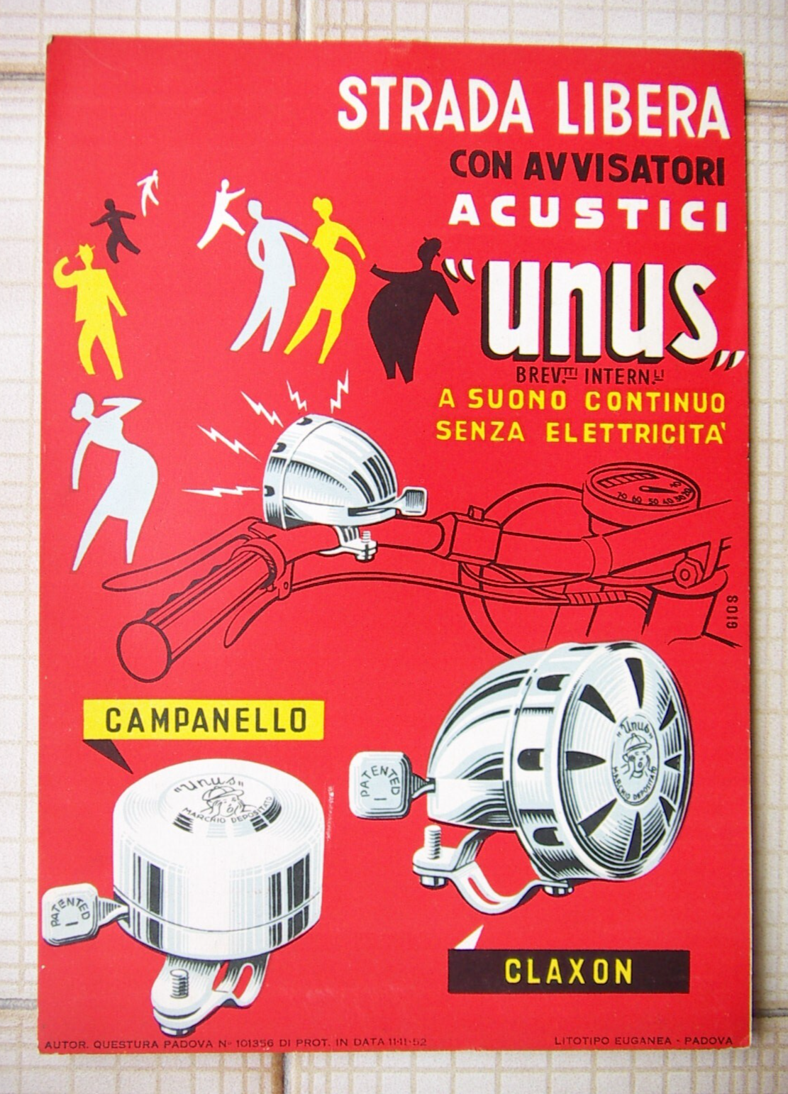 Cicli, Biciclette, Campanello, Claxon, Avvisatori Unus, Rara Locandina Pubblicitaria