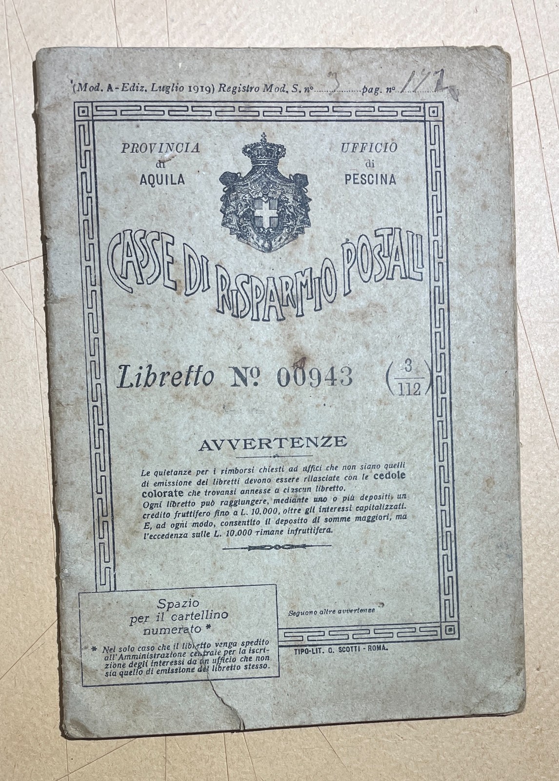 Banche, Economia, Risparmio, Poste, Casse Di Risparmio. Antico Libretto. Abruzzo